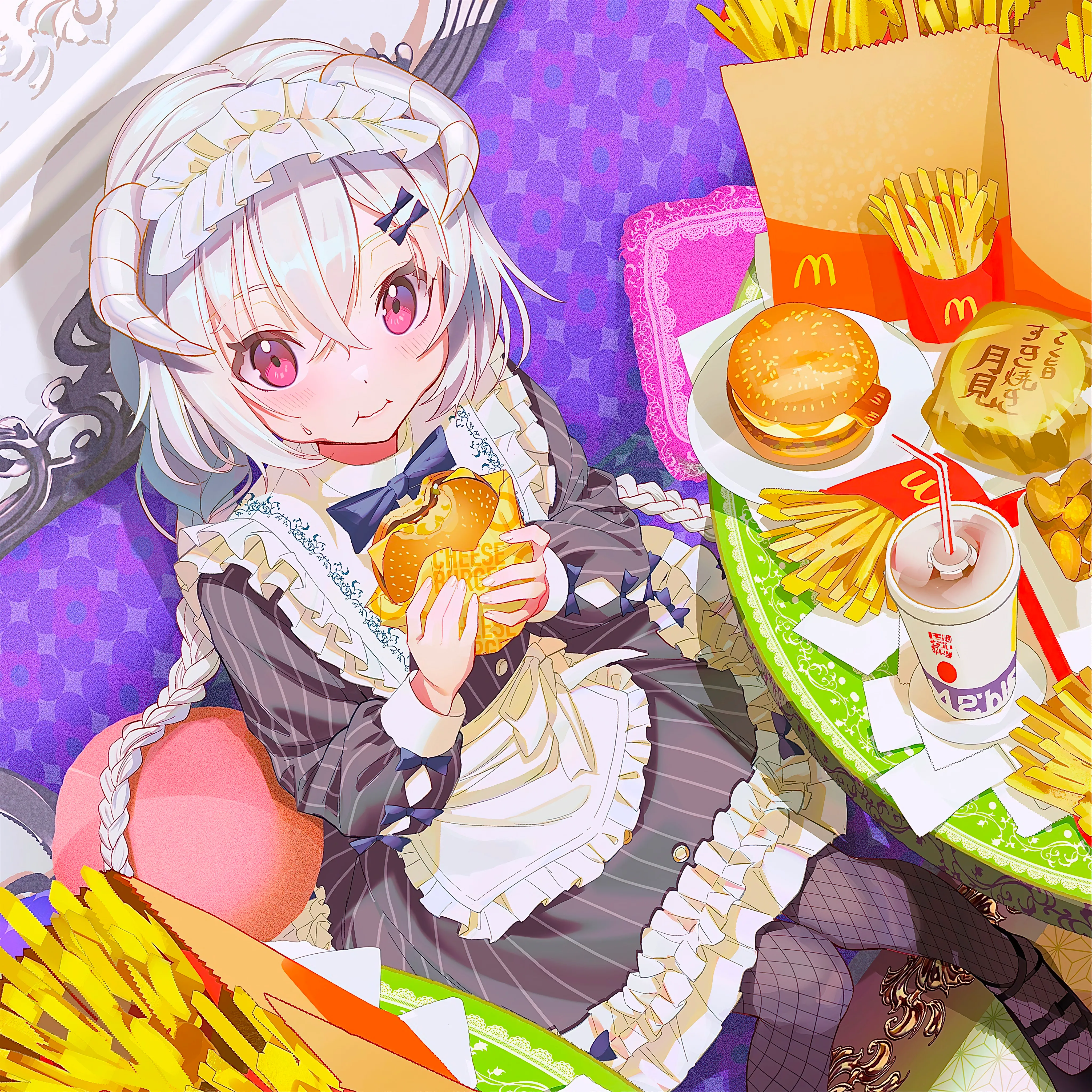 1girl,x_hair_ornament,braid,twin_braids,from_above,bangs,solo,knees_together_feet_apart,hairclip,drinking_straw,eating,closed_mouth,apron,on_couch,sitting,hair_ornament,maid,maid_headdress,waist_apron,hair_between_eyes,very_long_hair,tray,holding,holding_food,collared_dress,striped,striped_dress,cup,pillow,table,burger,couch,fishnets,french_fries,white_apron,white_hair,looking_at_viewer,vertical,vertical_stripes,vertical-striped_dress,smile,red_eyes,blush,frills,frilled_apron,frilled_dress,blue_bow,puffy_sleeves,bow,horns,dress,pantyhose,long_hair,long_sleeves,shoes,food,disposable_cup,fishnet_pantyhose,black_dress,black_footwear