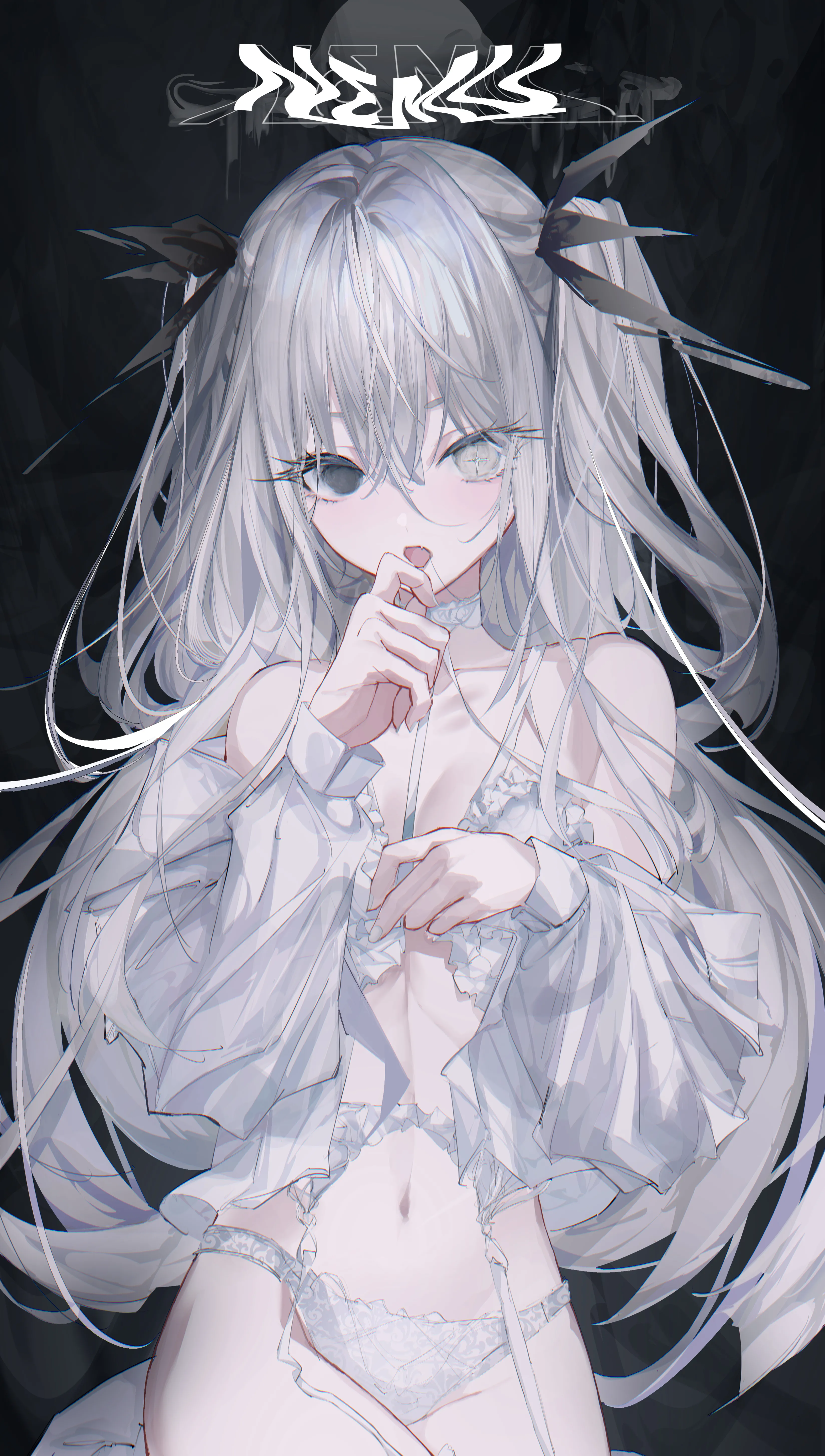 1girl,ribbon,breasts,cleavage,underwear,panties,bangs,solo,garter_belt,hair_ribbon,lingerie,two_side_up,stomach,hair_between_eyes,open_mouth,very_long_hair,grey_hair,grey_eyes,white_panties,white_hair,white_bra,white_choker,looking_at_viewer,vertical,navel,bra,small_breasts,collarbone,long_hair,long_sleeves,bare_shoulders