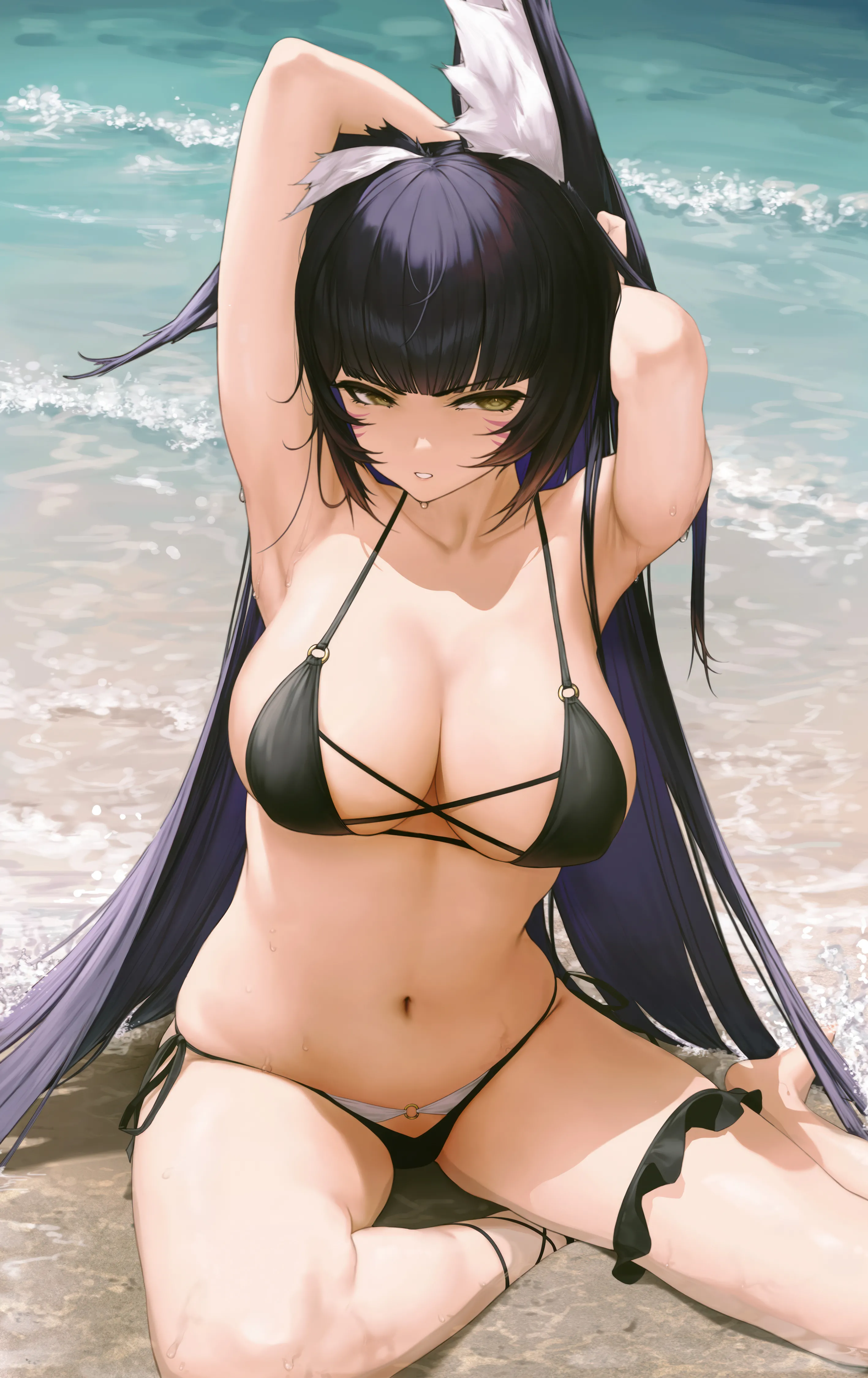 1girl,side-tie_bikini_bottom,arms_up,breasts,cleavage,yokozuwari,animal_ears,bangs,solo,arms_behind_head,sitting,thighs,thigh_strap,stomach,o-ring_bikini,o-ring,very_long_hair,parted_lips,outdoors,bikini,water,swimsuit,beach,fox_girl,fox_ears,blunt_bangs,looking_at_viewer,vertical,smile,string_bikini,animal_ear_fluff,navel,whisker_markings,facial_mark,armpits,wet,barefoot,large_breasts,collarbone,long_hair,yellow_eyes,black_hair,black_bikini