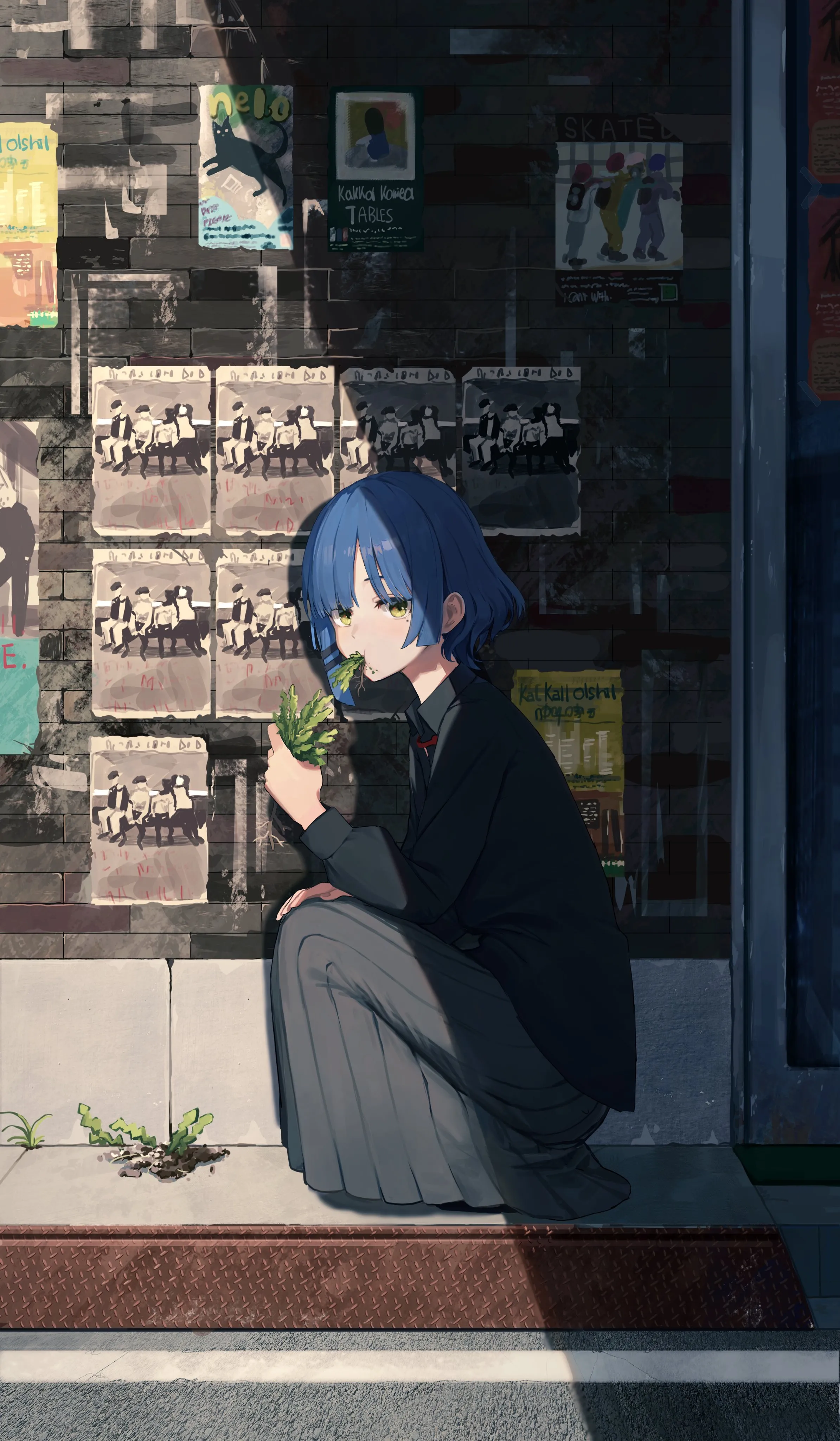 1girl,bangs,solo,jacket,outdoors,holding,collared_shirt,school_uniform,plant,mole_under_eye,poster_object,grey_skirt,mole,pleated_skirt,looking_at_viewer,short_hair,skirt,vertical,blue_hair,shirt,squatting,long_sleeves,long_skirt,shoes,yellow_eyes