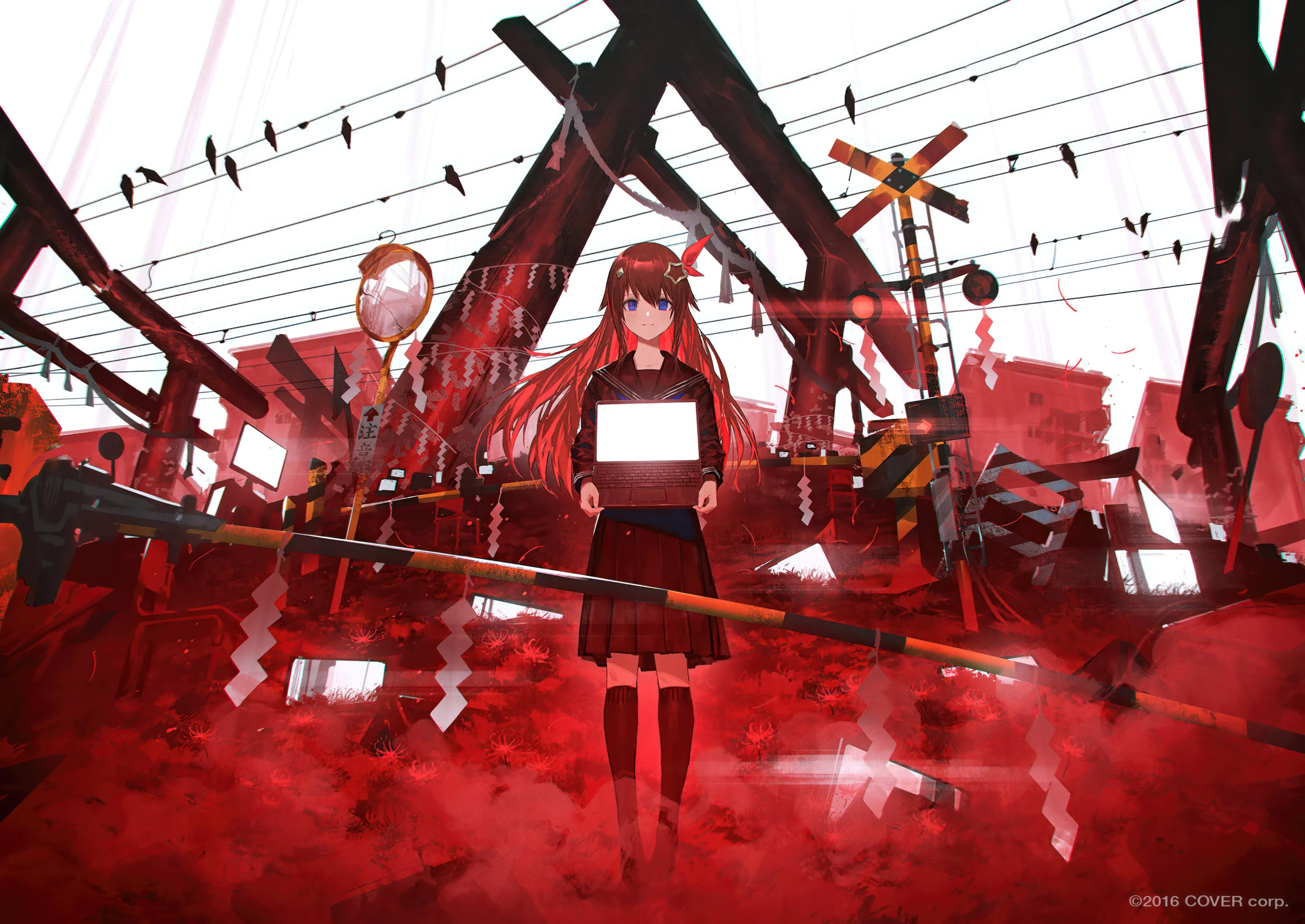 1girl,virtual_youtuber,traffic_light,sign,bangs,solo,kneehighs,closed_mouth,hair_ornament,ruins,holding,school_uniform,horizontal,serafuku,sailor_collar,utility_pole,power_lines,pleated_skirt,looking_at_viewer,skirt,standing,red_hair,shide,blue_eyes,shirt,socks,road_sign,mirror,long_hair,long_sleeves,torii,black_serafuku,black_skirt,black_shirt,black_socks