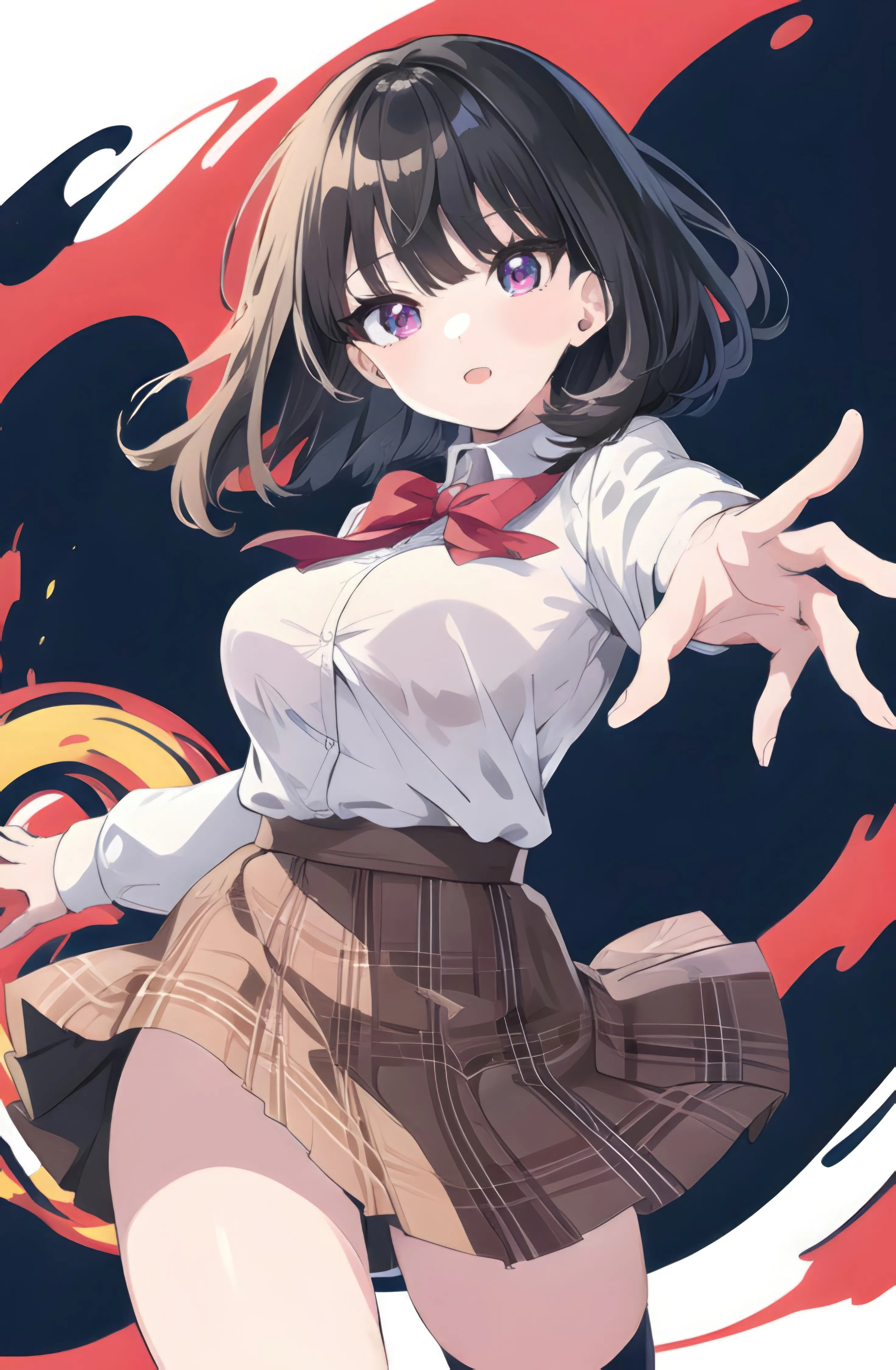 1girl,cowboy_shot,medium_breasts,medium_hair,breasts,outstretched_arm,bangs,solo,thighs,open_mouth,collared_shirt,school_uniform,plaid,plaid_skirt,brown_skirt,white_shirt,pleated_skirt,looking_at_viewer,skirt,vertical,purple_eyes,red_bow,red_bowtie,blush,bow,shirt,shirt_tucked_in,dress_shirt,large_breasts,thighhighs,long_sleeves,bowtie,black_hair,black_thighhighs