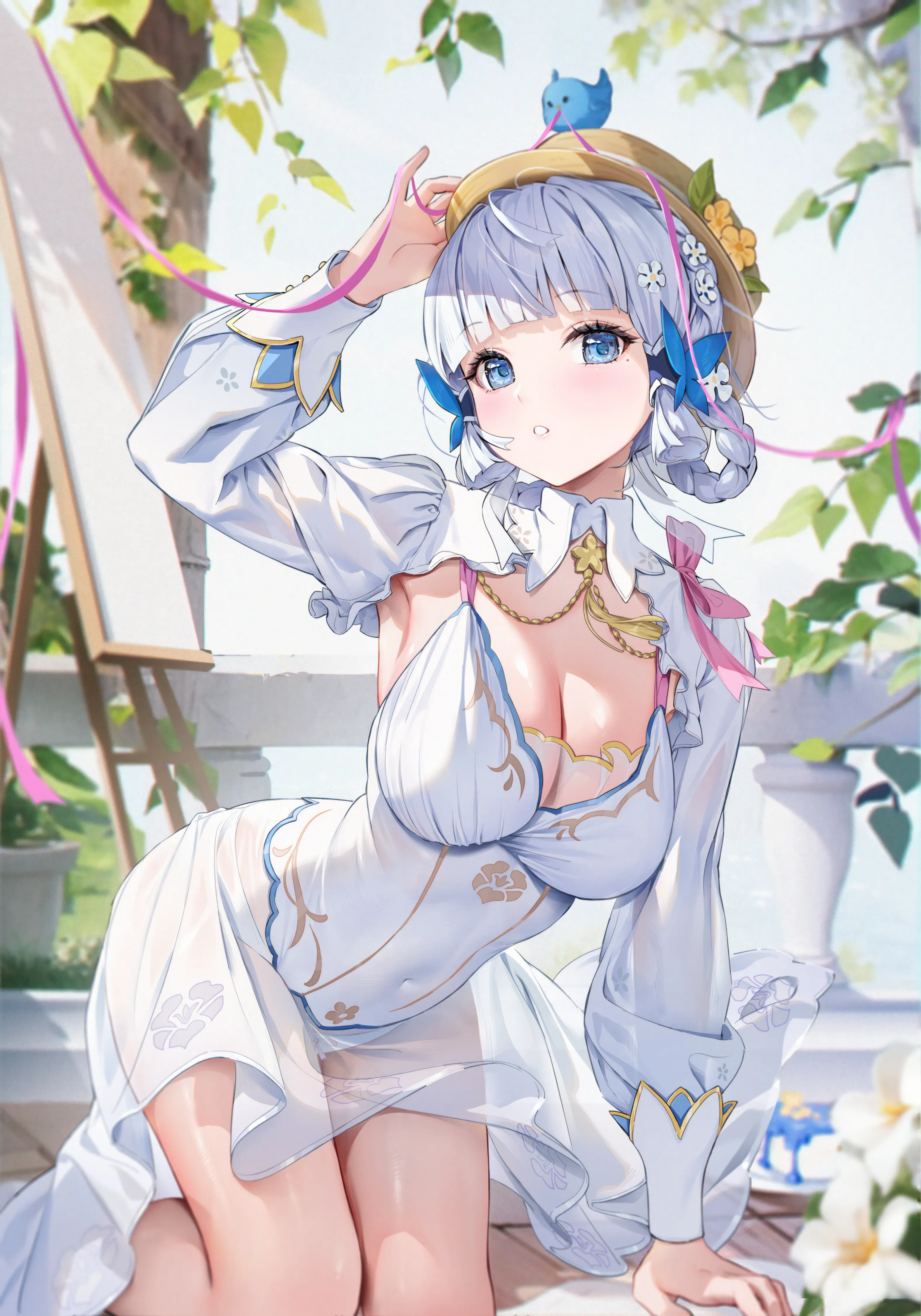 1girl,detached_sleeves,ribbon,arm_up,breasts,cleavage,bangs,see-through,see-through_sleeves,solo,on_head,thighs,animal_on_head,hair_ribbon,hair_ornament,hat,parted_lips,outdoors,arm_support,mole_under_eye,mole,white_hair,white_dress,white_leotard,blunt_bangs,looking_at_viewer,vertical,leotard,blush,armpits,blue_eyes,kneeling,large_breasts,dress,long_hair,long_sleeves,covered_navel,flower,bird