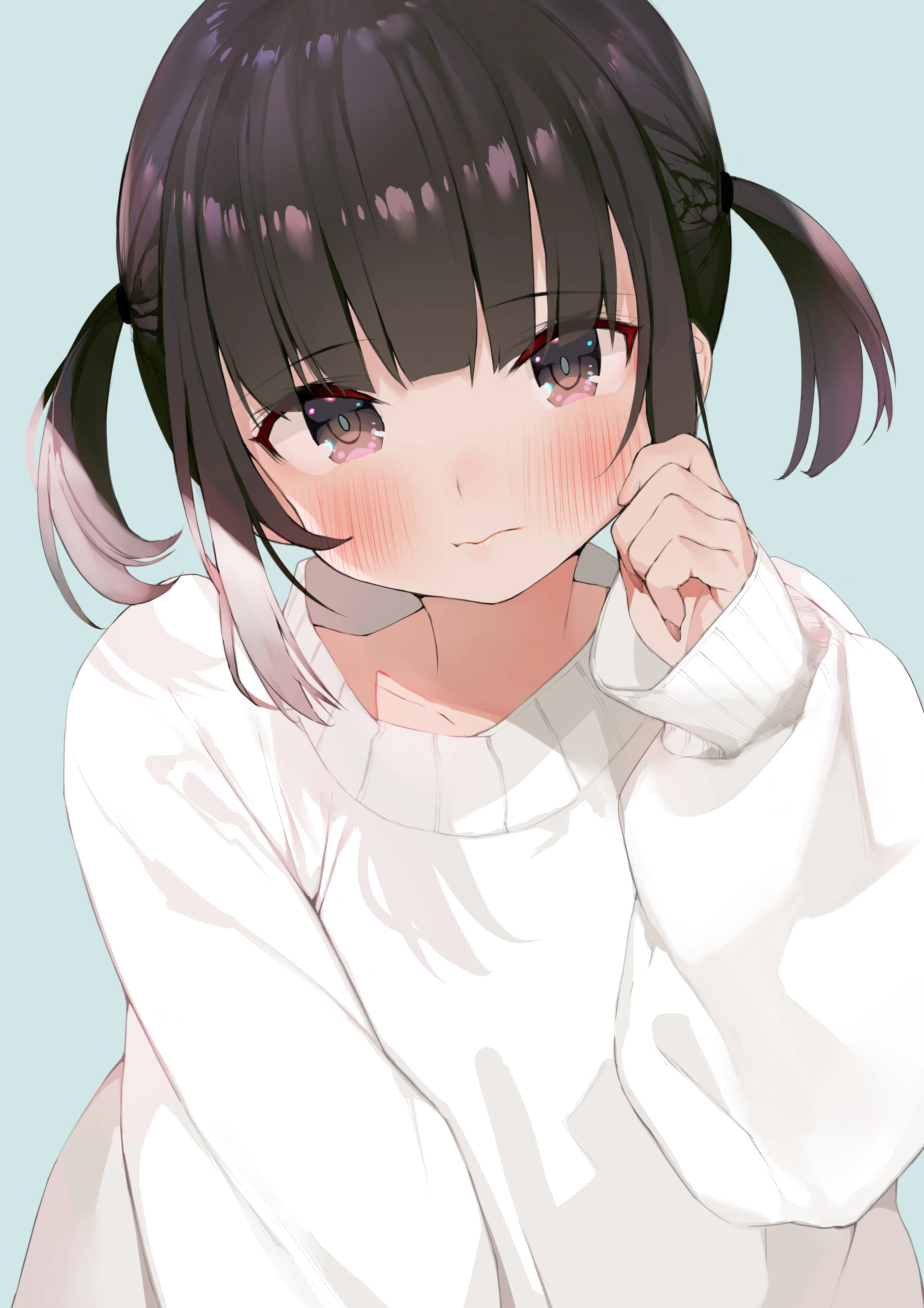 1girl,braid,upper_body,bangs,solo,twintails,closed_mouth,hand_up,simple_background,brown_hair,brown_eyes,sweater,white_sweater,white_background,blunt_bangs,looking_at_viewer,vertical,blush,sleeves_past_wrists,long_sleeves,black_hair