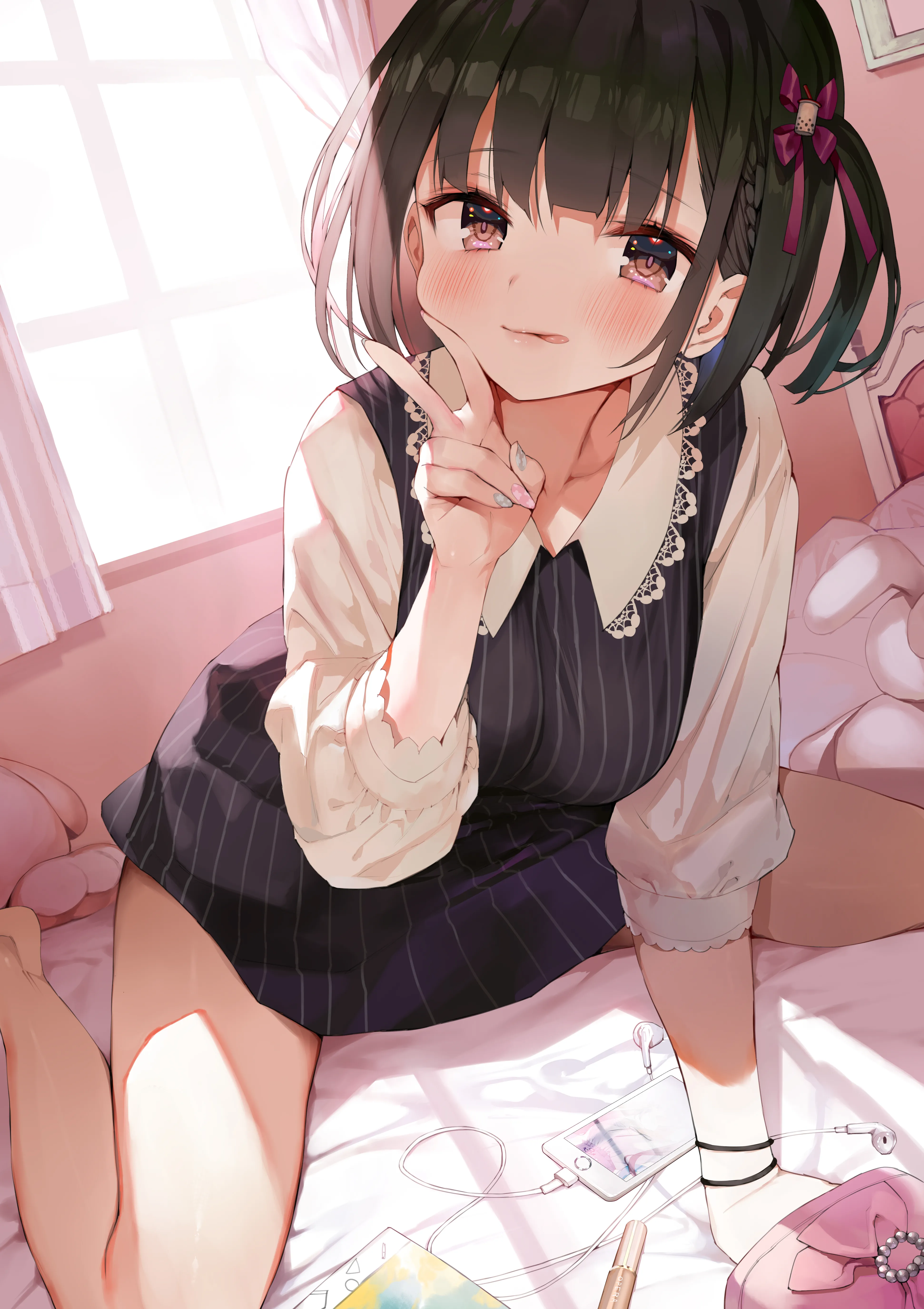 1girl,braid,ribbon,breasts,bangs,solo,one_side_up,tongue_out,closed_mouth,on_bed,sitting,hair_ribbon,indoors,bed_sheet,hand_up,nail_polish,earphones,collared_shirt,striped,striped_dress,brown_eyes,v,stuffed_animal,stuffed_toy,white_shirt,looking_at_viewer,short_hair,window,curtains,vertical,vertical_stripes,smile,blush,tongue,blue_nails,bow,hair_bow,shirt,dress,collarbone,long_sleeves,wariza,black_hair,black_dress