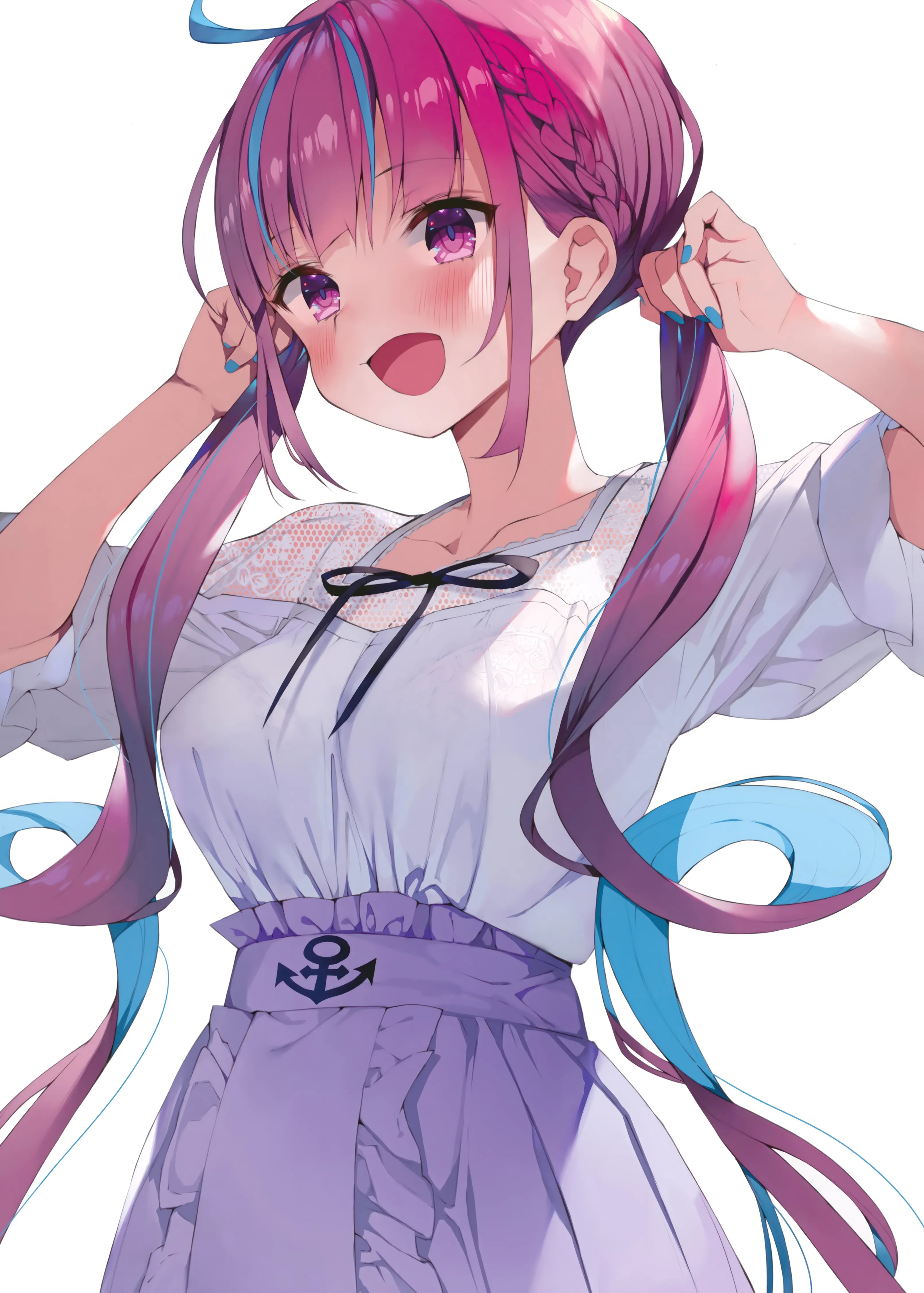 1girl,virtual_youtuber,braid,ribbon,medium_breasts,breasts,colored_inner_hair,bangs,see-through,solo,two-tone_hair,twintails,ahoge,multicolored_hair,open_mouth,very_long_hair,nail_polish,streaked_hair,holding_hair,simple_background,white_background,white_shirt,looking_at_viewer,short_sleeves,skirt,vertical,smile,purple_hair,purple_eyes,blush,blue_hair,blue_nails,shirt,collarbone,anchor_symbol,long_hair,high-waist_skirt