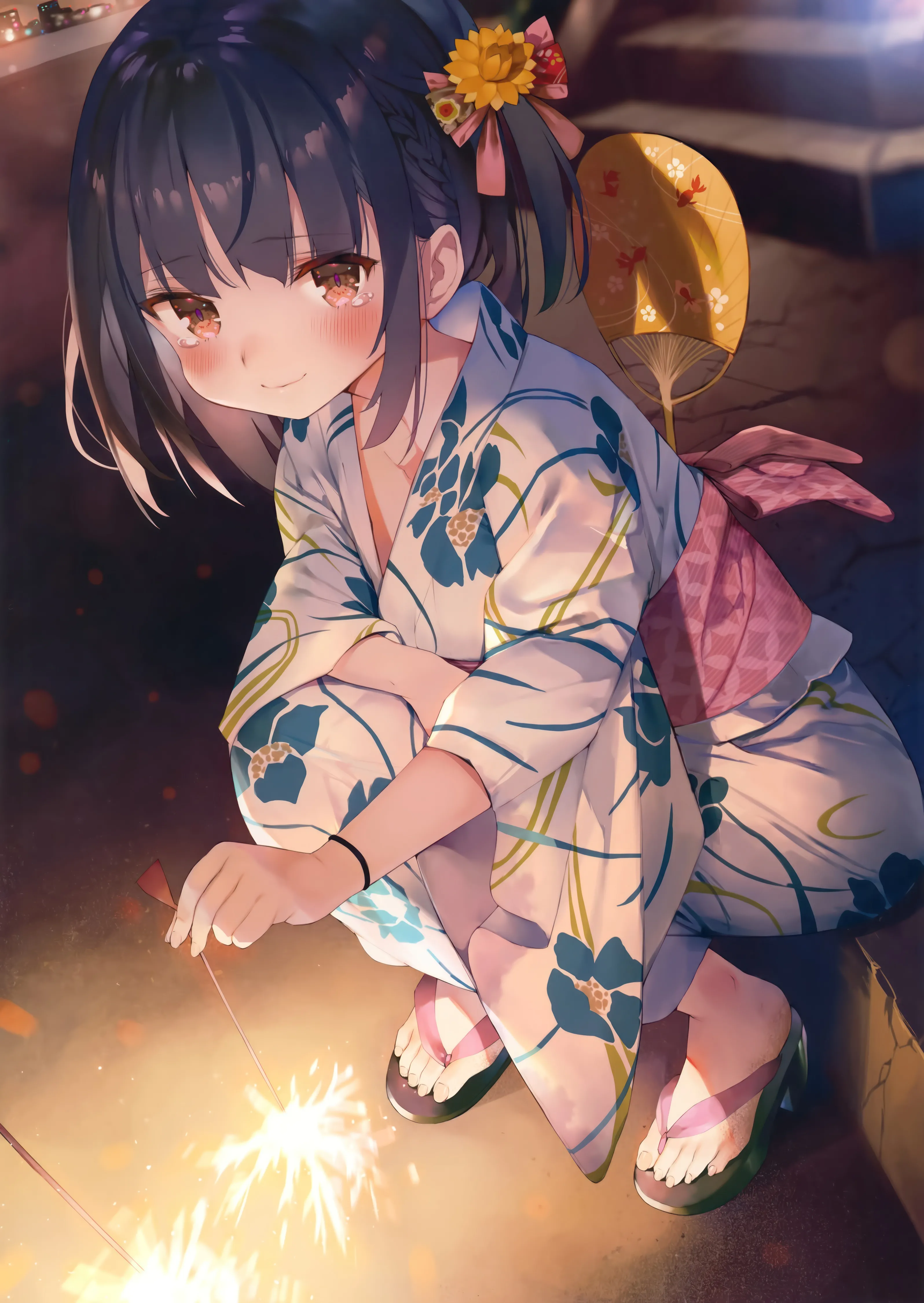 1girl,braid,full_body,sandals,bangs,solo,print_kimono,one_side_up,sunflower_hair_ornament,kimono,obi,closed_mouth,uchiwa,night,hair_flower,hair_ribbon,hair_ornament,sidelocks,wide_sleeves,outdoors,hand_fan,sparkler,holding,japanese_clothes,sash,brown_eyes,blurry,blurry_background,yukata,fireworks,white_kimono,looking_at_viewer,tears,vertical,smile,paper_fan,toes,blush,floral_print,squatting,collarbone,long_sleeves,flower,yellow_flower,black_hair