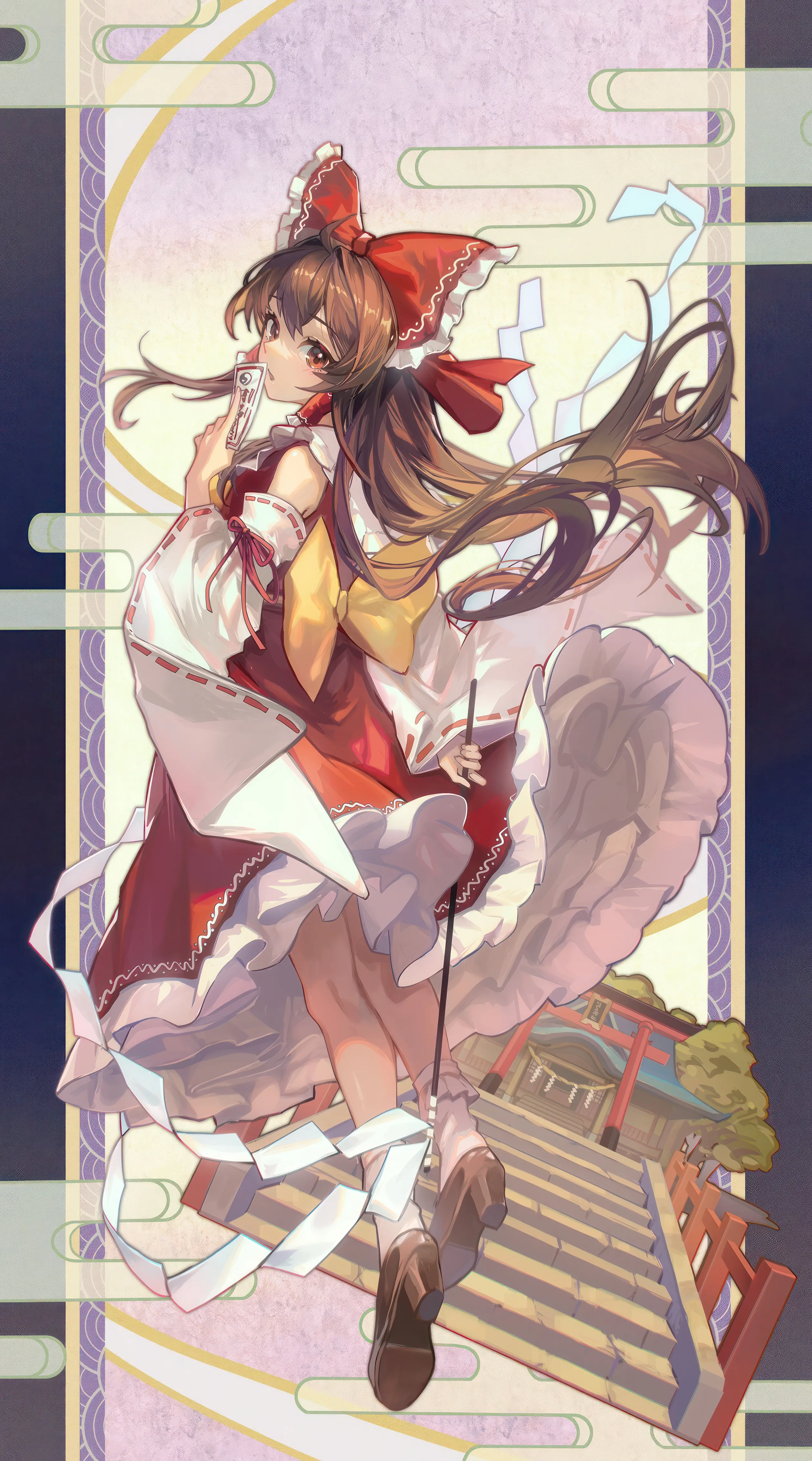 1girl,detached_sleeves,ribbon_trim,ribbon-trimmed_sleeves,full_body,bangs,solo,stairs,closed_mouth,looking_back,sidelocks,wide_sleeves,egasumi,frilled_hair_tubes,gohei,holding,nontraditional_miko,hair_tubes,brown_hair,brown_eyes,brown_footwear,white_sleeves,white_socks,looking_at_viewer,skirt,shrine,ofuda,vertical,red_skirt,red_bow,red_shirt,frills,frilled_skirt,frilled_bow,bow,hair_bow,petticoat,socks,long_hair,long_sleeves,bare_shoulders,shoes,floating_hair,torii,yellow_ascot