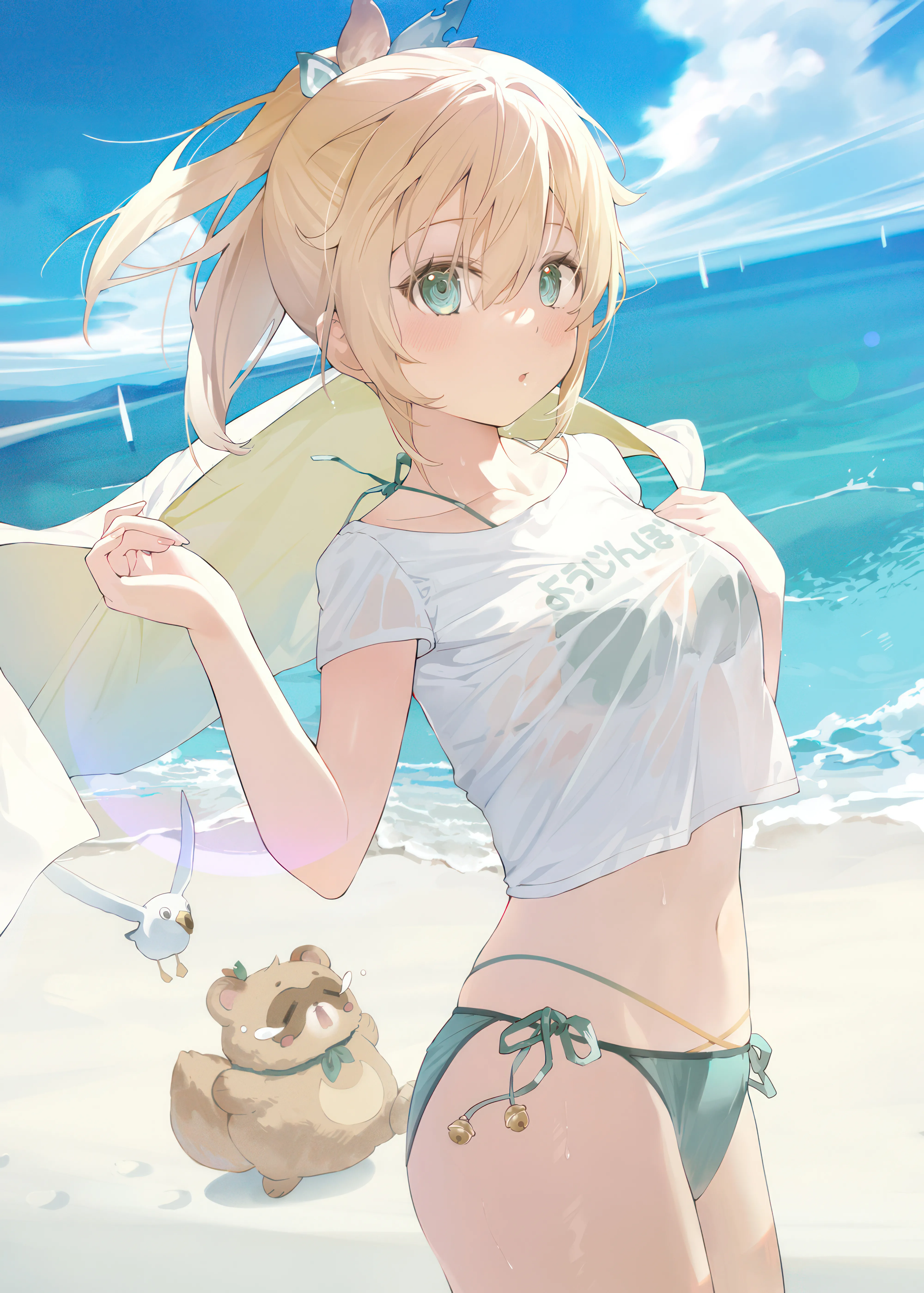 1girl,t-shirt,virtual_youtuber,cowboy_shot,side-tie_bikini_bottom,ribbon,medium_breasts,breasts,cloud,bangs,see-through,solo,sky,hair_ribbon,hair_ornament,stomach,hair_between_eyes,parted_lips,outdoors,holding_towel,bikini,bikini_under_clothes,towel,water,aqua_eyes,swimsuit,ocean,beach,tanuki,day,white_shirt,looking_at_viewer,short_sleeves,vertical,string_bikini,halterneck,green_bikini,green_eyes,navel,blush,blue_sky,shirt,wet_clothes,wet_shirt,wet,see-through_shirt,blonde_hair,crop_top,ponytail