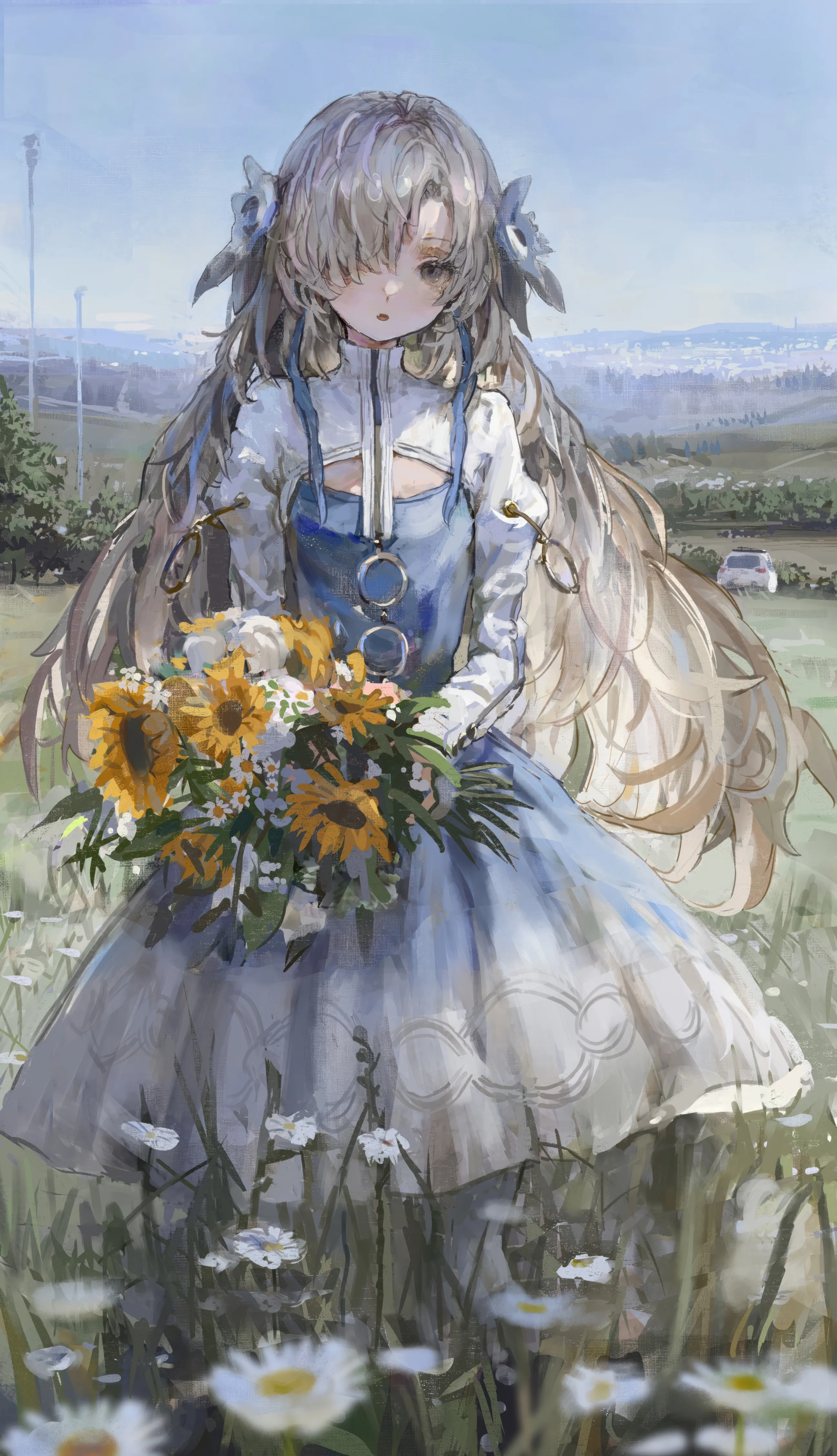 1girl,virtual_youtuber,cloud,bangs,solo,sky,hair_flower,hair_ornament,hair_over_one_eye,very_long_hair,parted_lips,outdoors,holding_bouquet,holding,holding_flower,grey_hair,grey_eyes,field,day,white_flower,looking_at_viewer,vertical,standing,bouquet,grass,blue_sky,blue_dress,dress,long_hair,long_sleeves,flower,yellow_flower