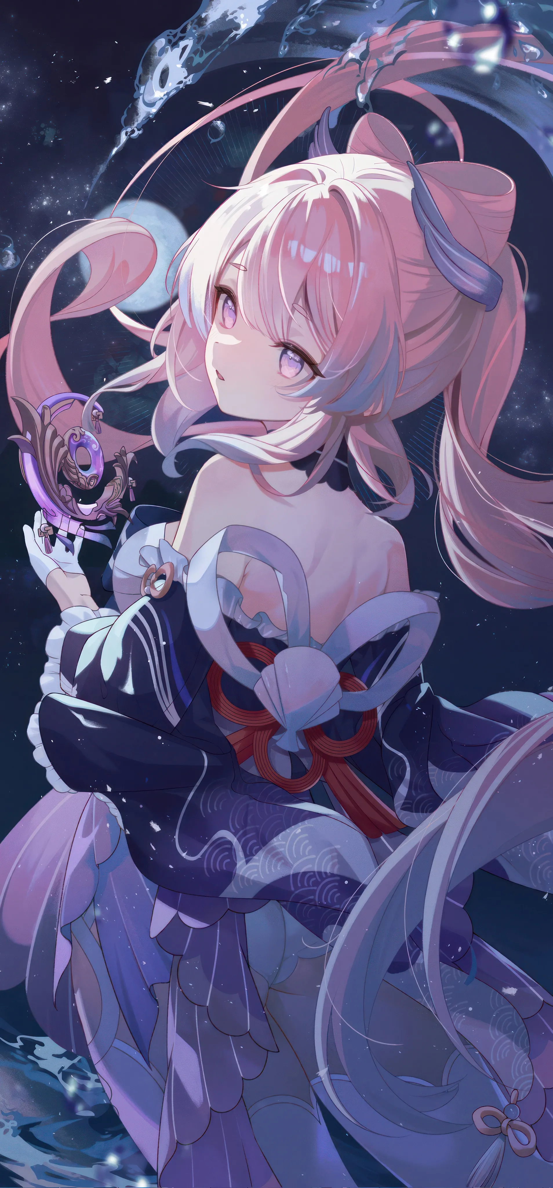 1girl,detached_sleeves,bangs,half_gloves,solo,looking_back,multicolored_hair,hair_ornament,wide_sleeves,colored_tips,very_long_hair,parted_lips,gloves,japanese_clothes,water,white_gloves,white_thighhighs,looking_at_viewer,vertical,pink_hair,purple_eyes,from_behind,frills,frilled_sleeves,bow,bow-shaped_hair,thighhighs,long_hair,long_sleeves,bare_shoulders