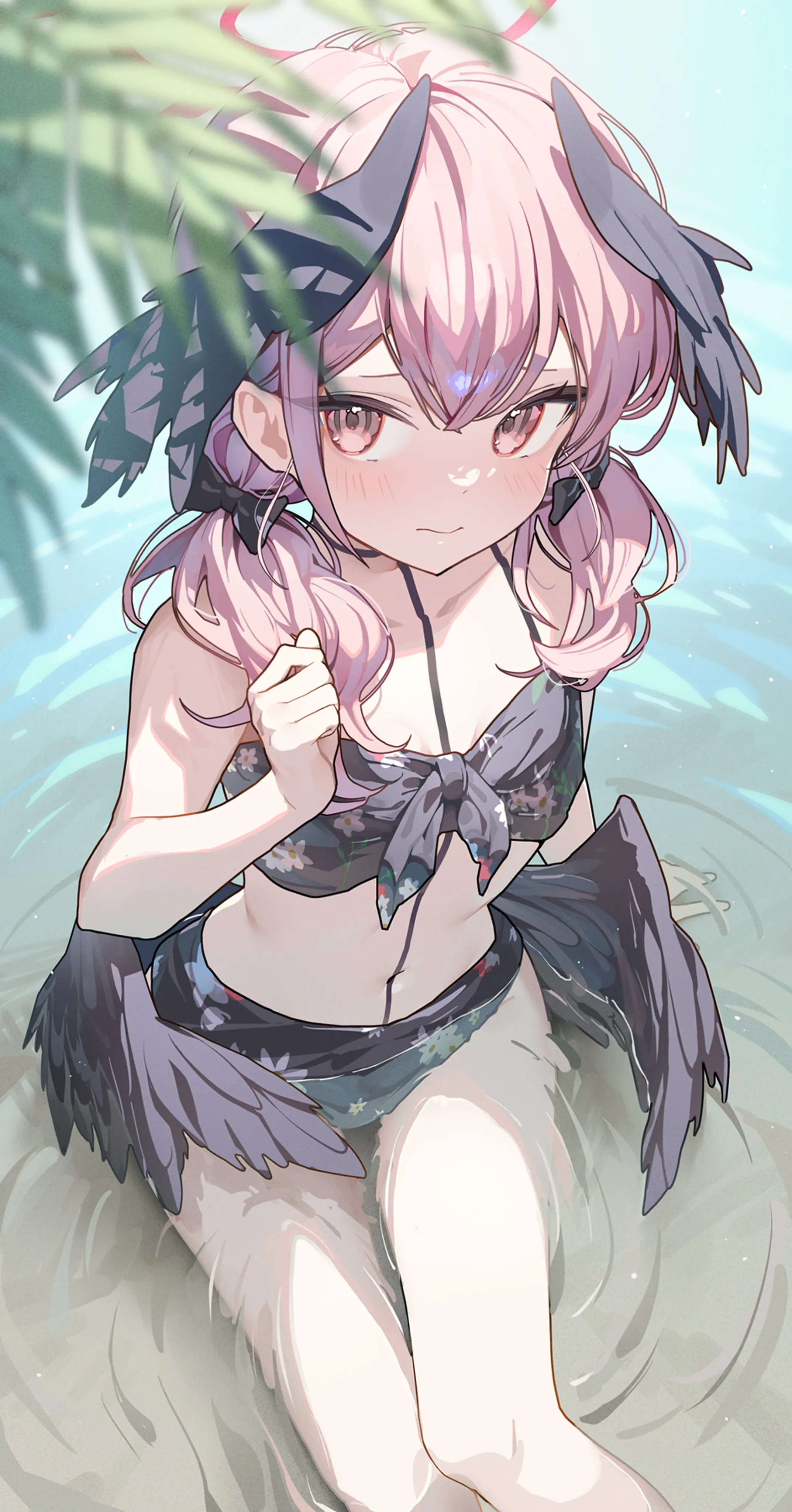 1girl,breasts,low_twintails,bangs,solo,twintails,closed_mouth,sitting,halo,head_wings,bikini,water,swimsuit,looking_at_viewer,vertical,pink_hair,pink_eyes,feathered_wings,wings,navel,blush,low_wings,frilled_bikini,small_breasts,partially_submerged,collarbone,long_hair,black_bikini,black_wings