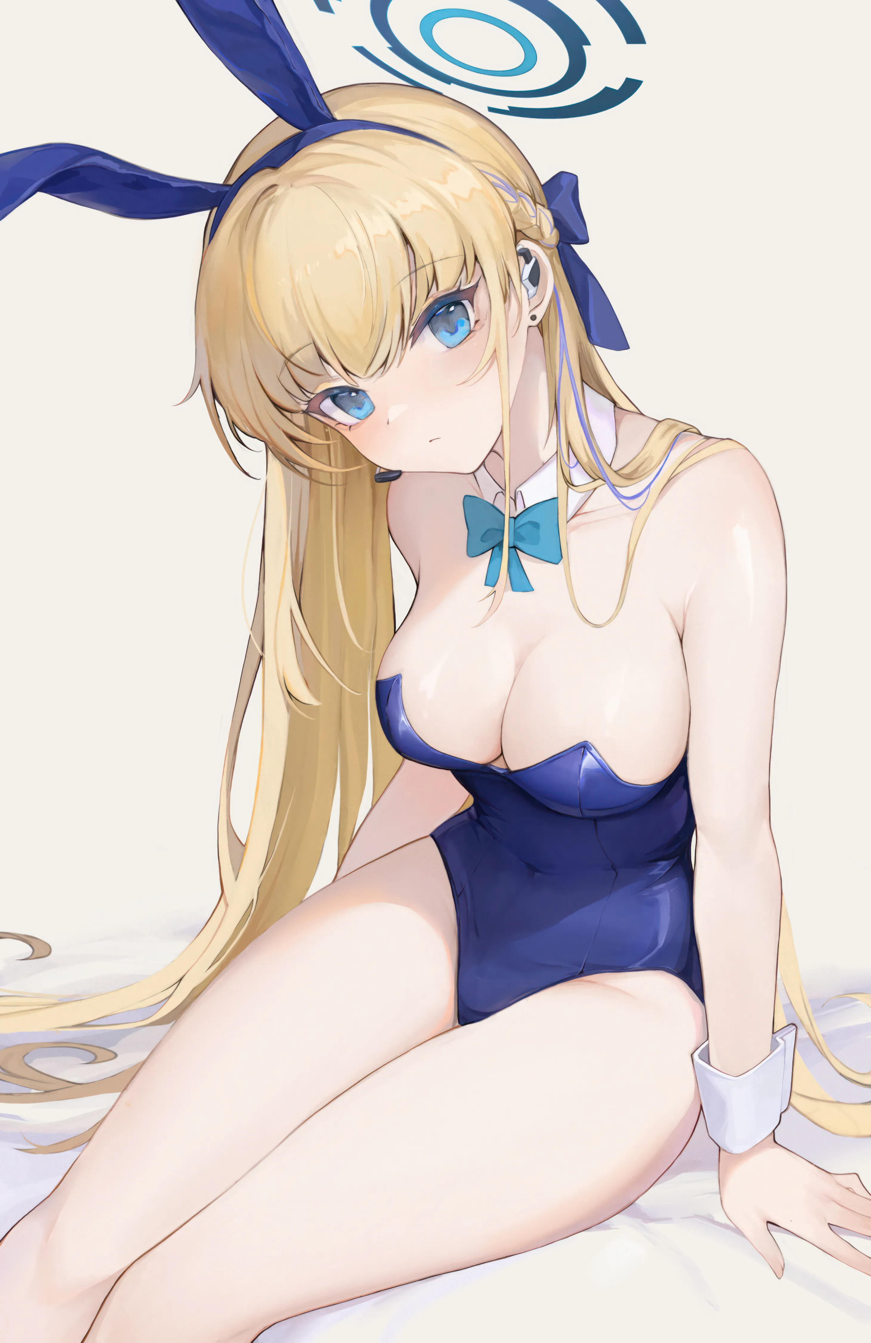 1girl,braid,medium_breasts,breasts,cleavage,playboy_bunny,rabbit_ears,animal_ears,bangs,fake_animal_ears,solo,feet_out_of_frame,hairband,closed_mouth,sitting,thighs,halo,very_long_hair,strapless,strapless_leotard,simple_background,white_background,looking_at_viewer,vertical,wrist_cuffs,leotard,blush,blue_hairband,blue_eyes,blue_bow,blue_leotard,blue_bowtie,bow,bare_legs,bare_arms,large_breasts,blonde_hair,long_hair,covered_navel,bare_shoulders,bowtie,detached_collar