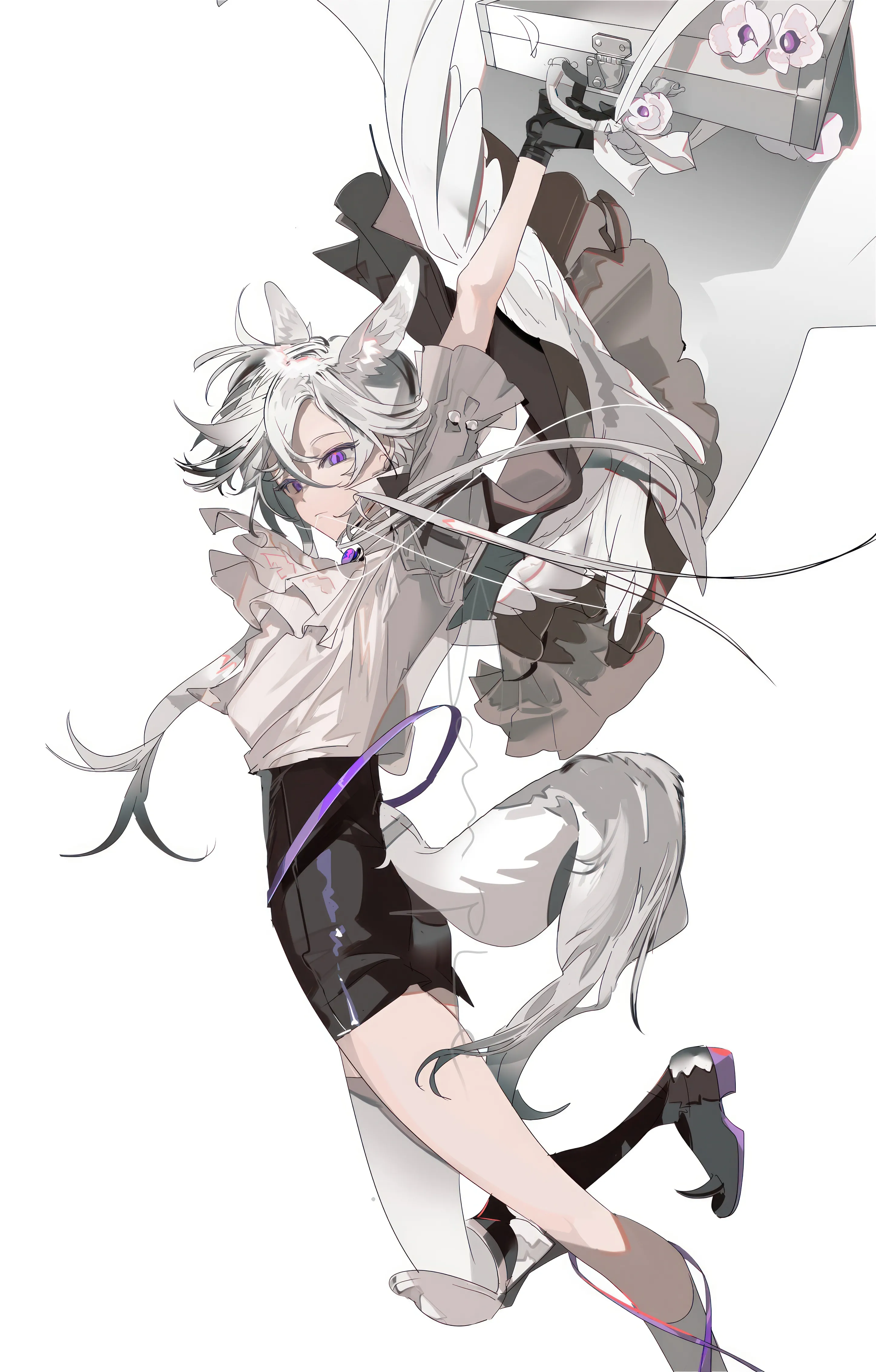 1girl,animal_ears,sword,solo,multicolored_hair,tail,hair_between_eyes,heterochromia,gloves,holding_sword,holding_weapon,holding,simple_background,weapon,grey_hair,wolf_tail,wolf_ears,white_hair,white_background,looking_at_viewer,shorts,vertical,purple_eyes,animal_ear_fluff,frills,shirt,long_hair,boots,black_gloves,black_shorts,black_footwear