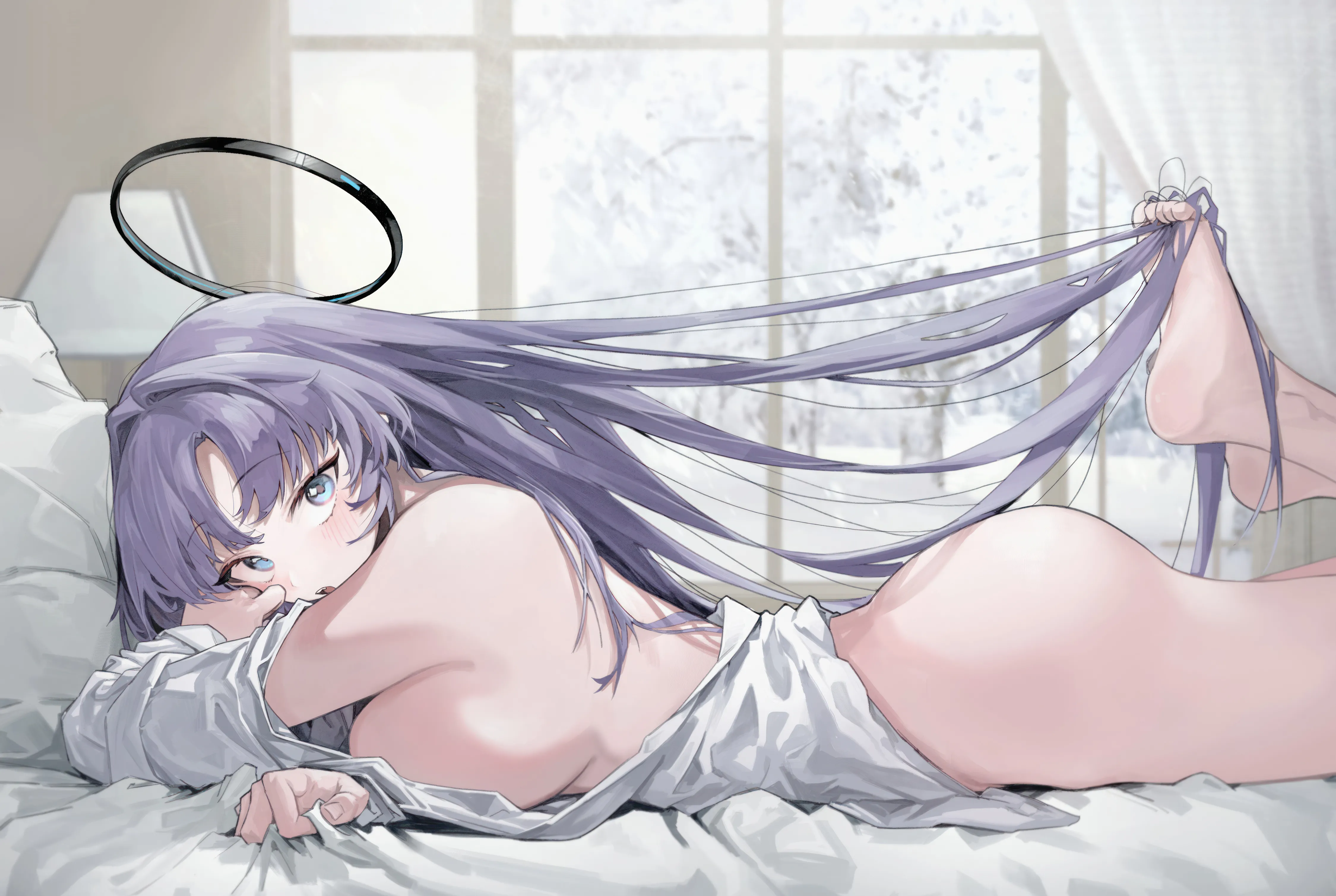 1girl,breasts,sideboob,from_side,parted_bangs,bangs,solo,on_bed,halo,indoors,ass,bed,bed_sheet,very_long_hair,pillow,horizontal,white_shirt,looking_at_viewer,window,curtains,purple_hair,feet_up,feet,toes,blush,blue_eyes,shirt,naked_shirt,barefoot,bottomless,on_stomach,lying,large_breasts,long_hair,off_shoulder