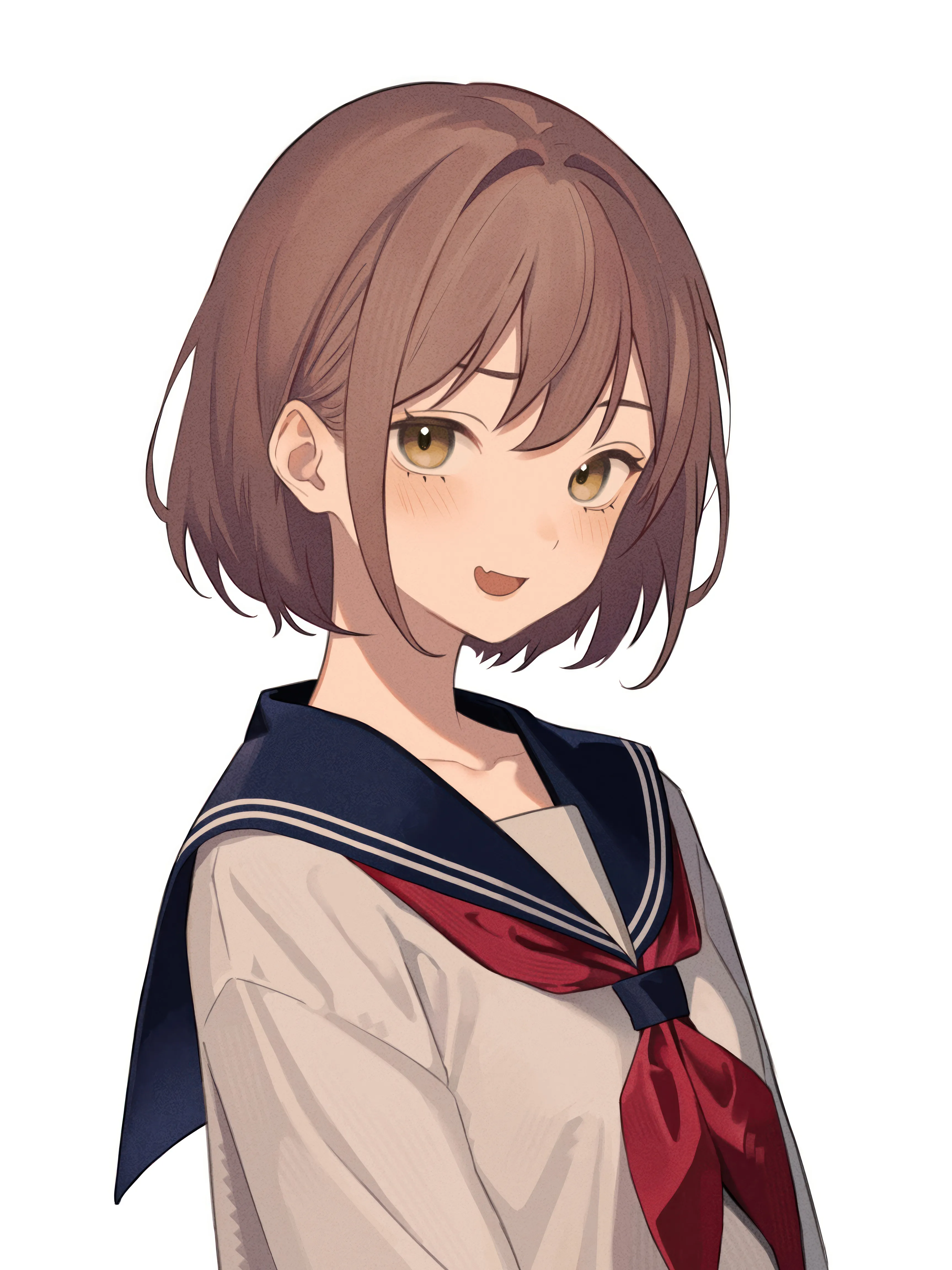 1girl,neckerchief,upper_body,bangs,solo,open_mouth,simple_background,school_uniform,brown_hair,brown_eyes,serafuku,sailor_collar,white_background,white_shirt,looking_at_viewer,short_hair,vertical,smile,red_neckerchief,blush,blue_sailor_collar,fang,skin_fang,shirt,collarbone,long_sleeves