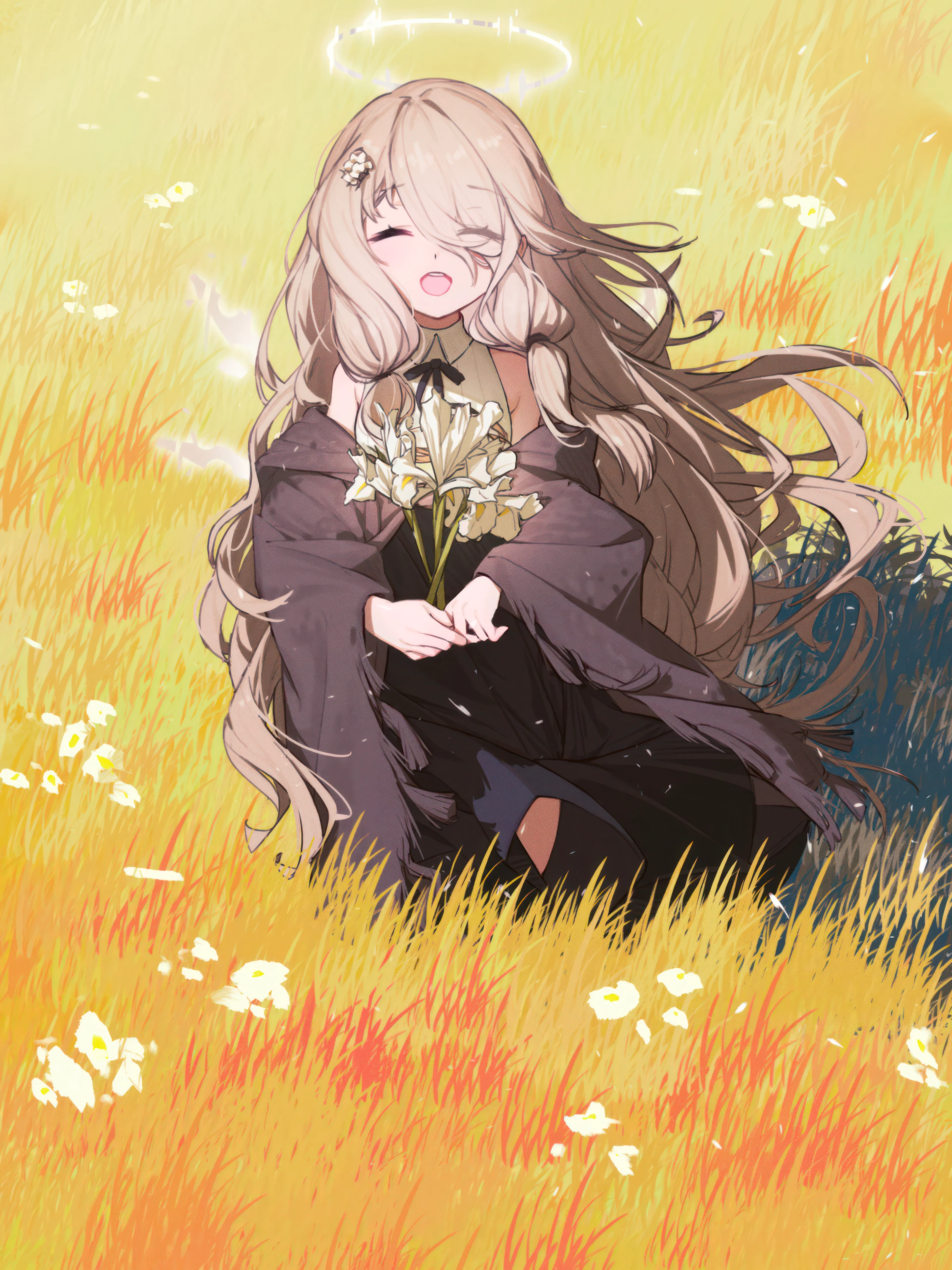 1girl,bangs,solo,closed_eyes,sitting,halo,hair_flower,hair_ornament,hair_over_one_eye,open_mouth,very_long_hair,outdoors,holding,holding_flower,sleeveless,sleeveless_shirt,collared_shirt,brown_hair,light_brown_hair,white_flower,white_shirt,skirt,vertical,smile,grass,shirt,long_hair,long_sleeves,bare_shoulders,off_shoulder,facing_viewer,flower,black_ribbon,black_skirt