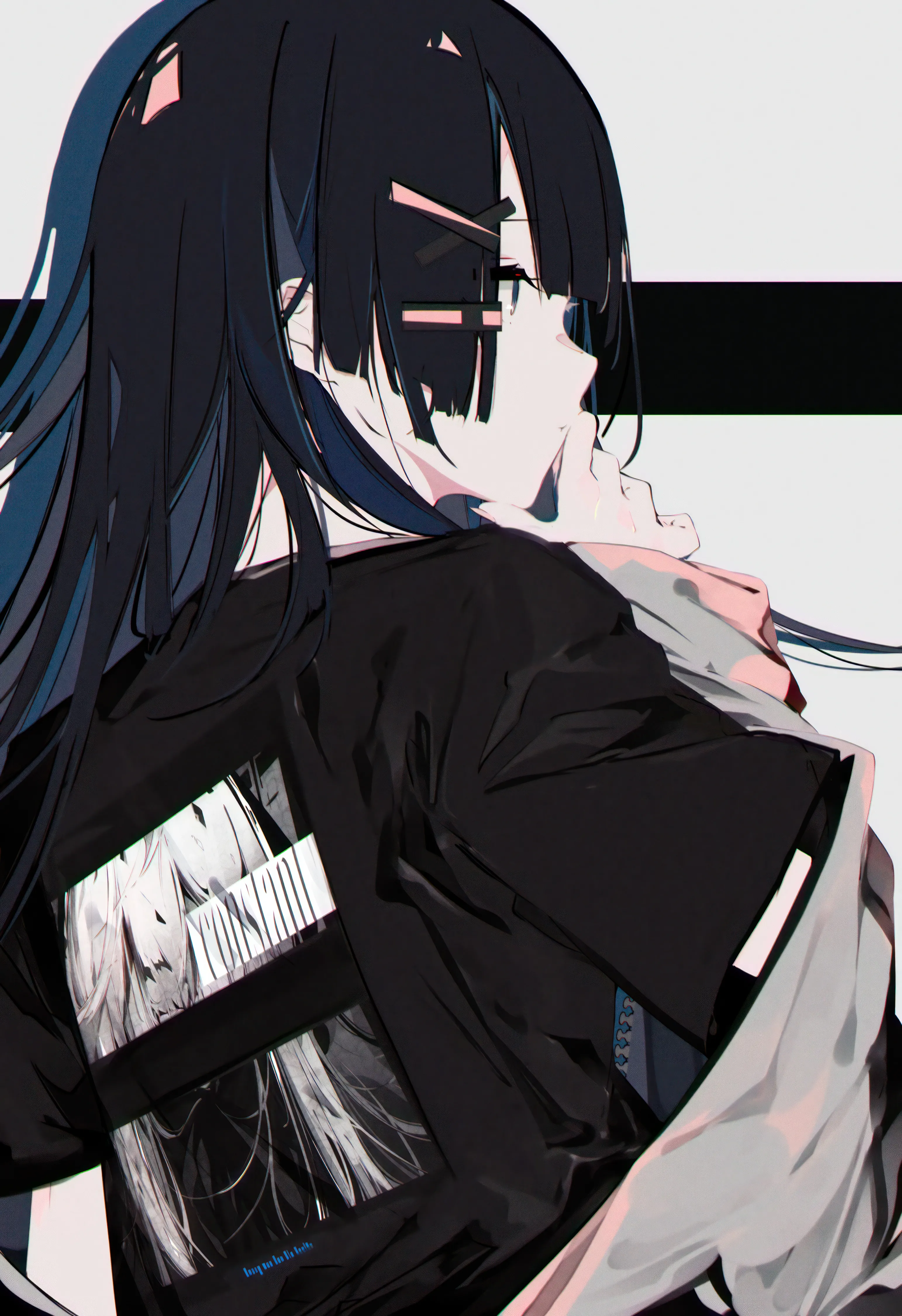 1girl,t-shirt,upper_body,profile,bangs,solo,hairclip,looking_back,hair_ornament,jacket,looking_at_viewer,short_sleeves,vertical,from_behind,shirt,long_hair,long_sleeves,off_shoulder,black_hair,black_eyes,black_shirt