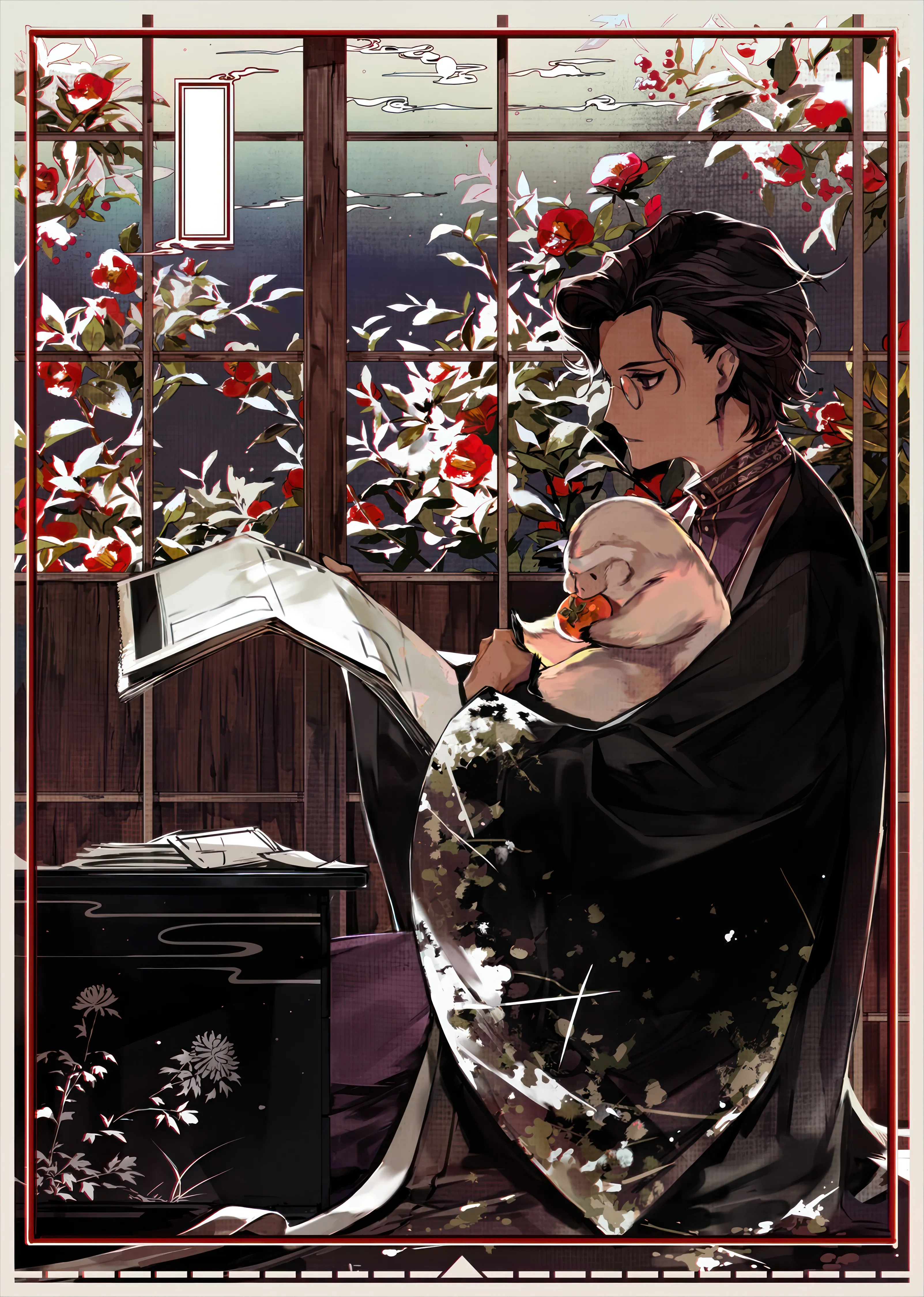 1boy,cloud,from_side,profile,animal,solo,kimono,sitting,indoors,wide_sleeves,camellia,holding,japanese_clothes,male_focus,glasses,vertical,red_flower,haori,long_sleeves,reading,flower,black_hair