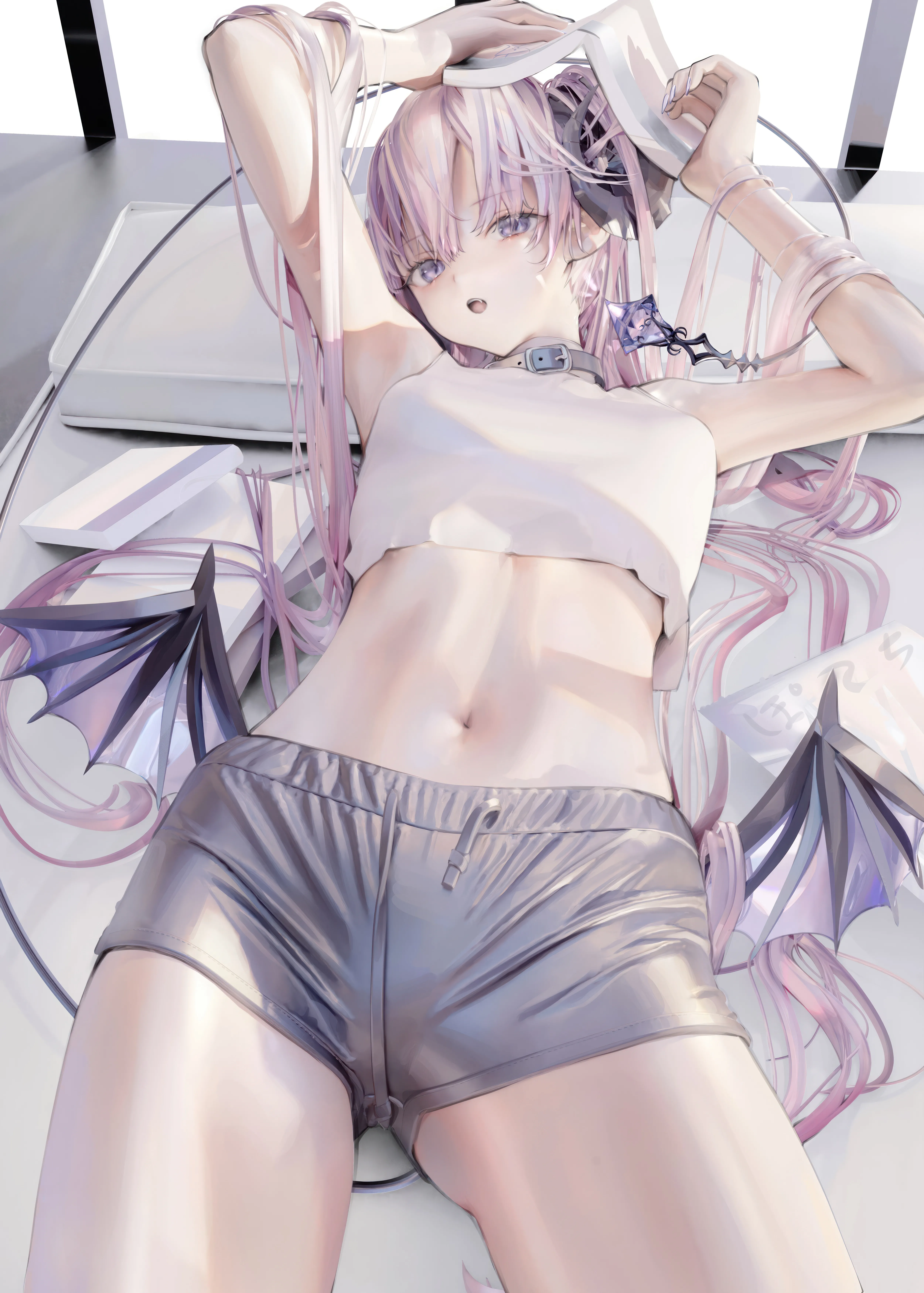 1girl,cowboy_shot,medium_breasts,arms_up,breasts,on_back,bangs,solo,twintails,thighs,stomach,tail,open_mouth,very_long_hair,demon_girl,demon_tail,demon_wings,sleeveless,sleeveless_shirt,grey_shorts,white_shirt,looking_at_viewer,shorts,vertical,pink_hair,short_shorts,purple_eyes,wings,earrings,navel,armpits,low_wings,shirt,bare_arms,lying,small_breasts,long_hair,midriff,bare_shoulders,crop_top,collar