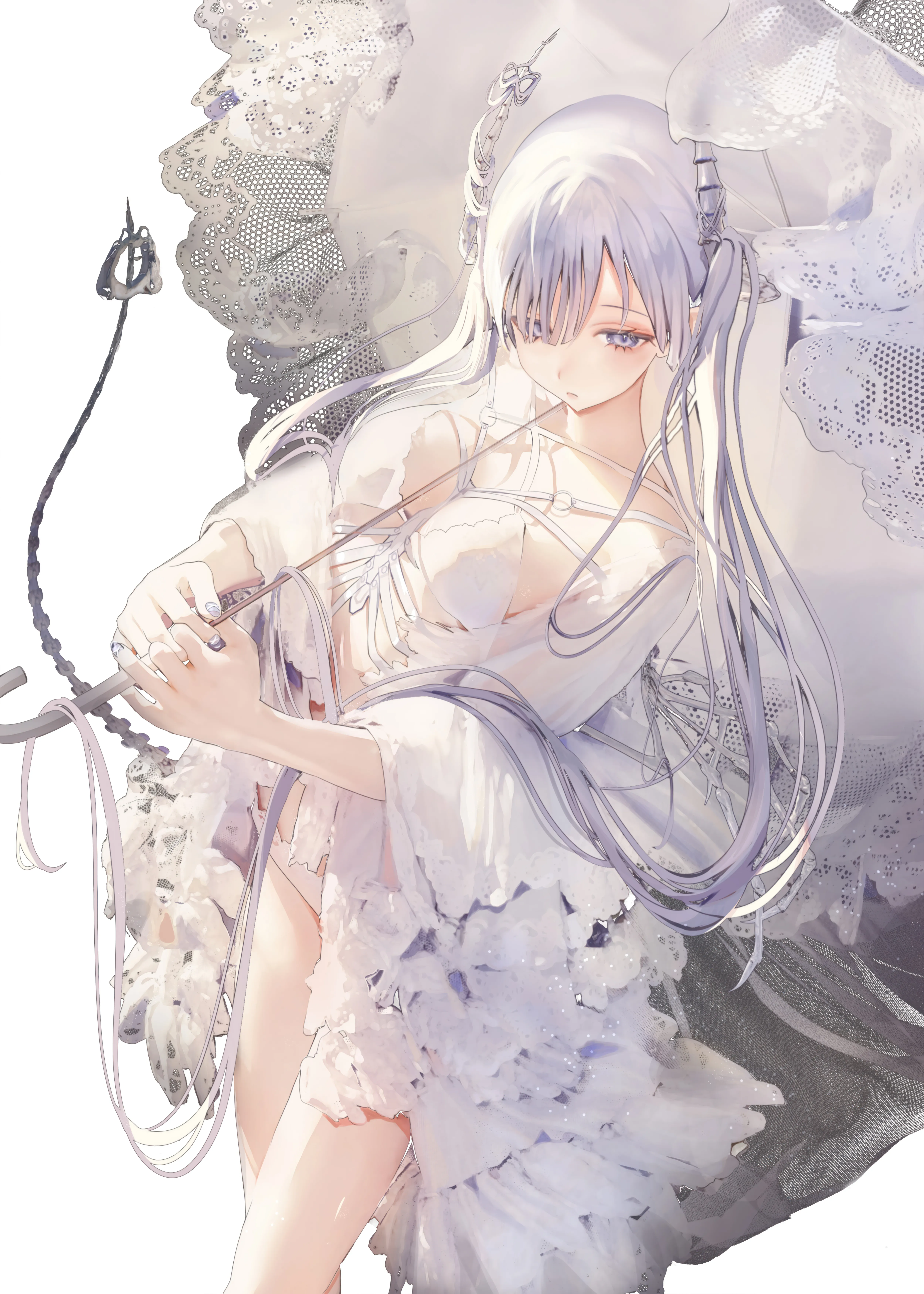 1girl,breasts,cleavage,bangs,solo,twintails,very_long_hair,nail_polish,mouth_hold,white_theme,white_hair,white_background,vertical,purple_eyes,blue_eyes,large_breasts,dress,long_hair