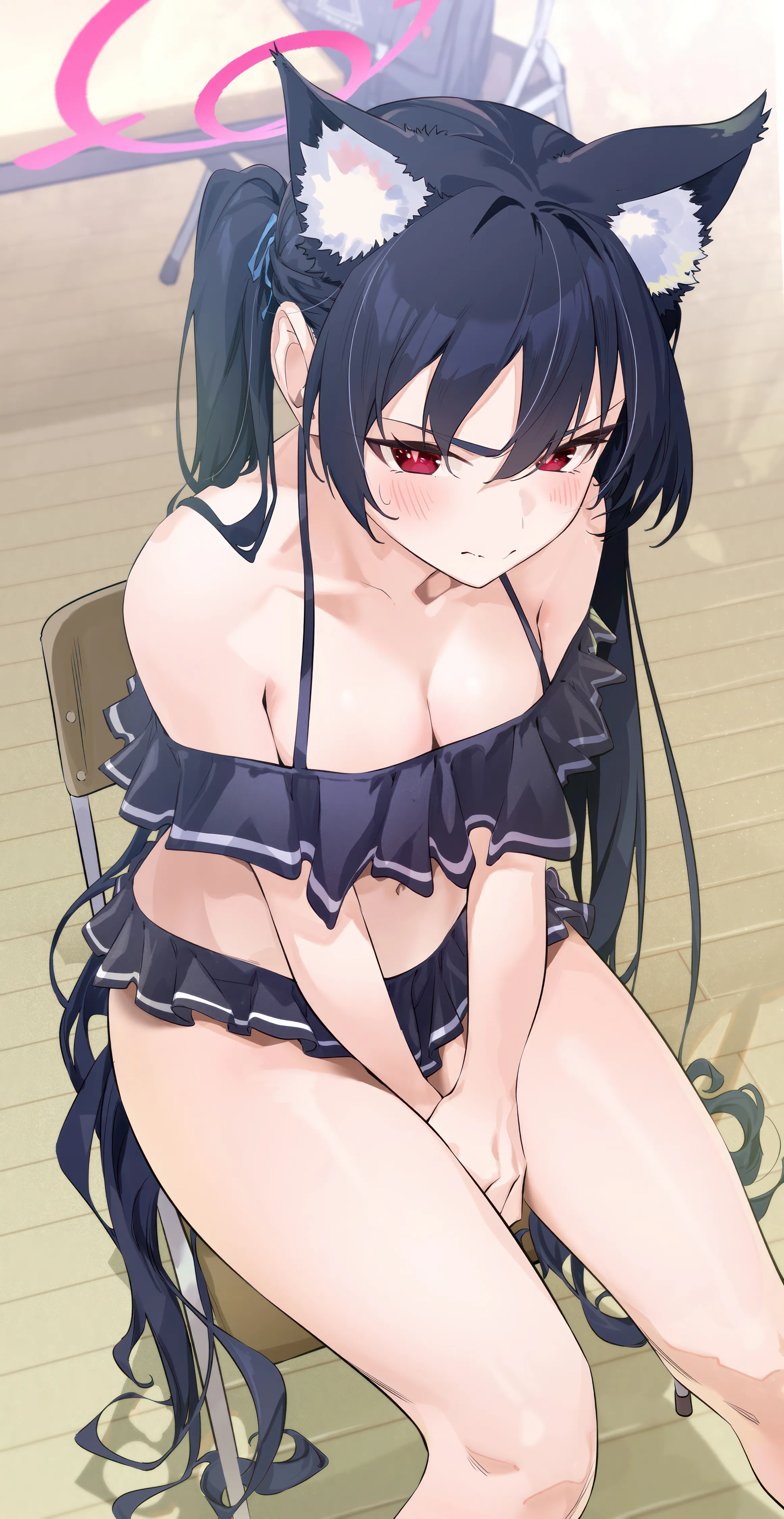 1girl,between_legs,medium_breasts,breasts,cleavage,animal_ears,bangs,bandaid,solo,twintails,closed_mouth,on_chair,sitting,thighs,halo,hair_between_eyes,very_long_hair,hand_between_legs,chair,bikini,bikini_skirt,swimsuit,cat_ears,frown,v-shaped_eyebrows,looking_at_viewer,vertical,red_eyes,animal_ear_fluff,blush,frills,frilled_bikini,extra_ears,collarbone,long_hair,bare_shoulders,off_shoulder,off-shoulder_bikini,black_hair,black_bikini