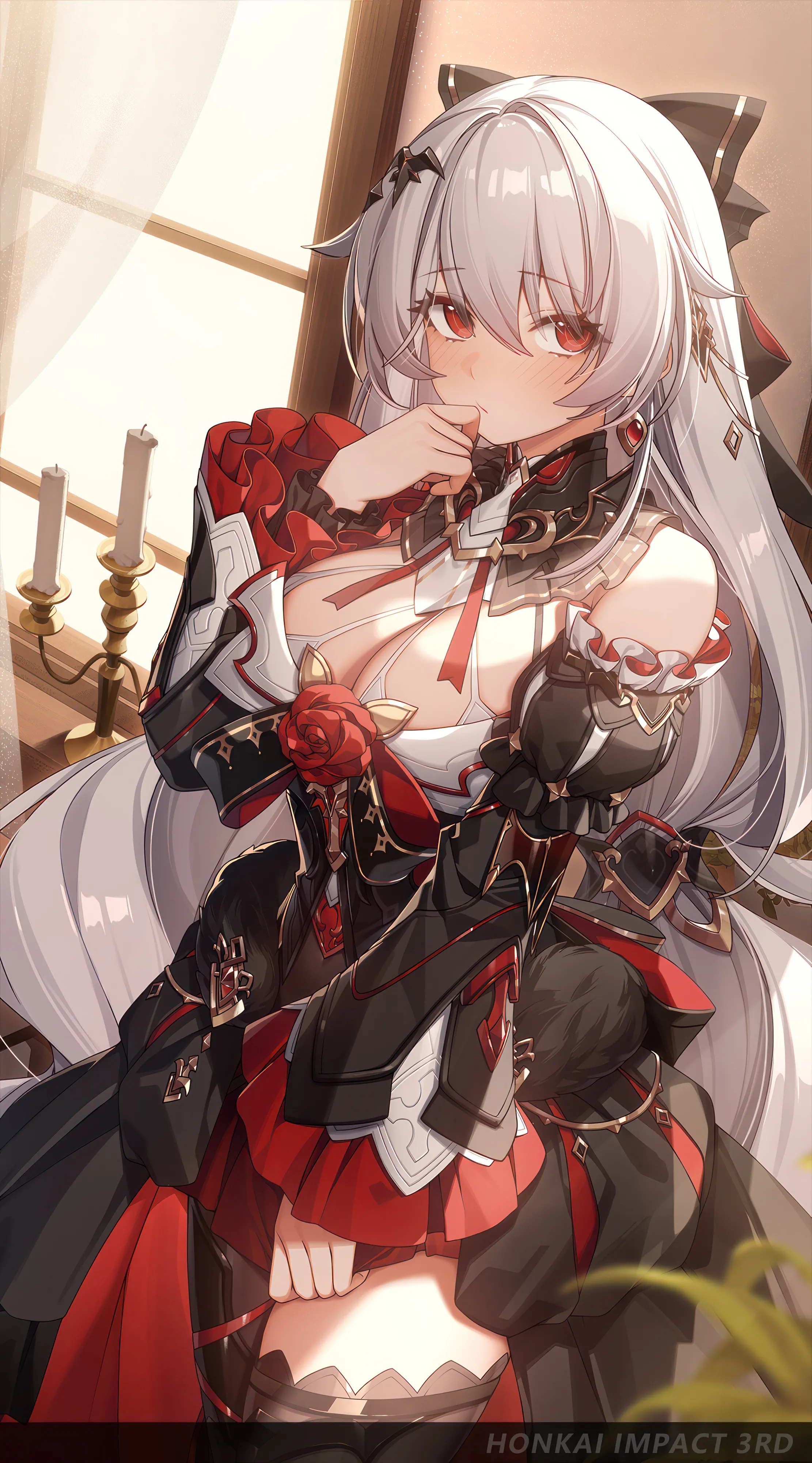 1girl,detached_sleeves,breasts,cleavage,bangs,solo,hair_ornament,indoors,very_long_hair,grey_hair,jewelry,white_hair,looking_at_viewer,window,vertical,red_eyes,blush,bow,hair_bow,large_breasts,thighhighs,dress,long_hair,long_sleeves,bare_shoulders,detached_collar,flower,black_thighhighs,black_dress