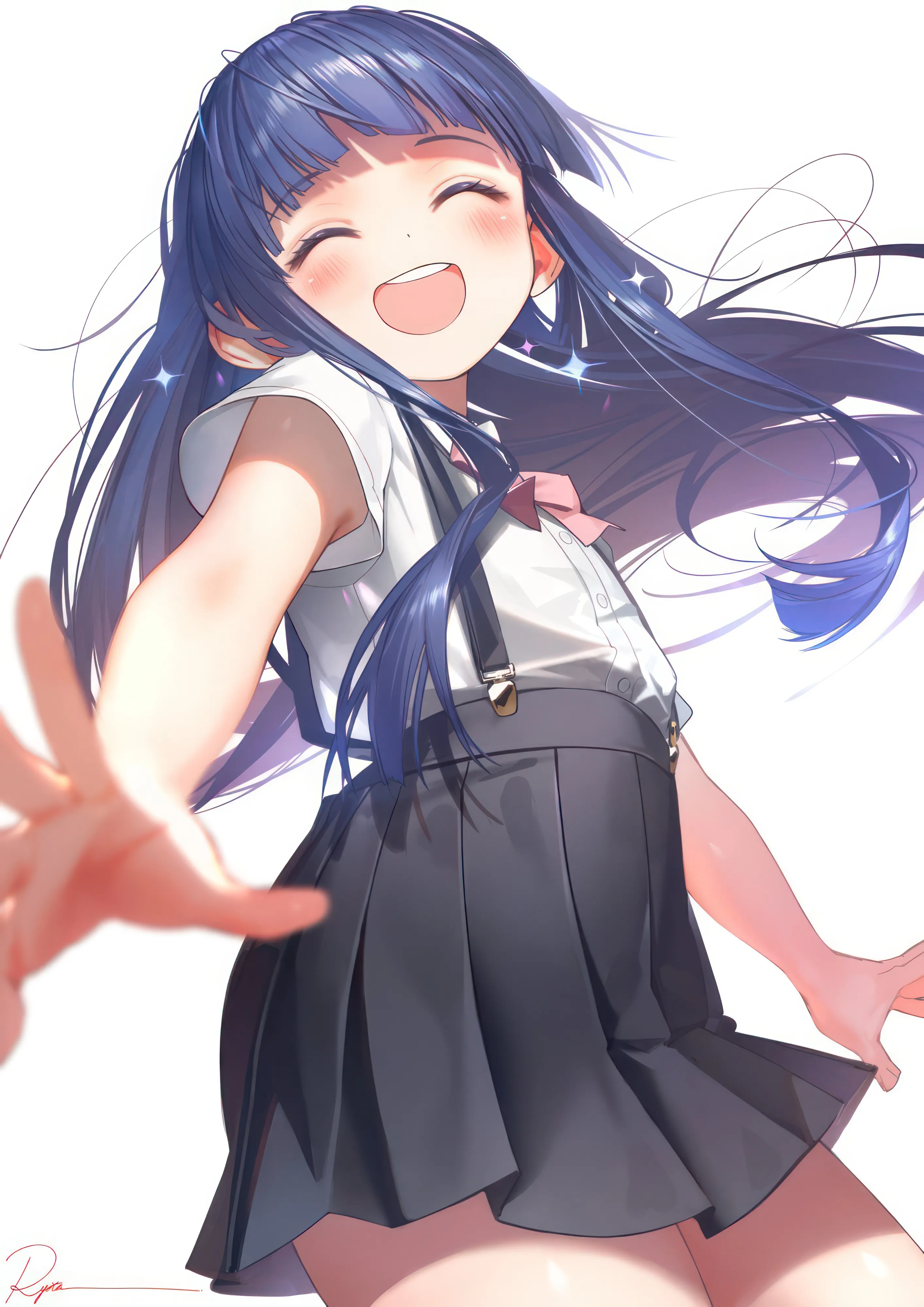 1girl,upper_teeth_only,bangs,solo,closed_eyes,suspender_skirt,open_mouth,depth_of_field,collared_shirt,simple_background,blurry,teeth,white_background,white_shirt,pleated_skirt,blunt_bangs,short_sleeves,skirt,vertical,smile,signature,pink_bow,suspenders,blush,blue_hair,bow,shirt,long_hair,facing_viewer,bowtie,black_skirt