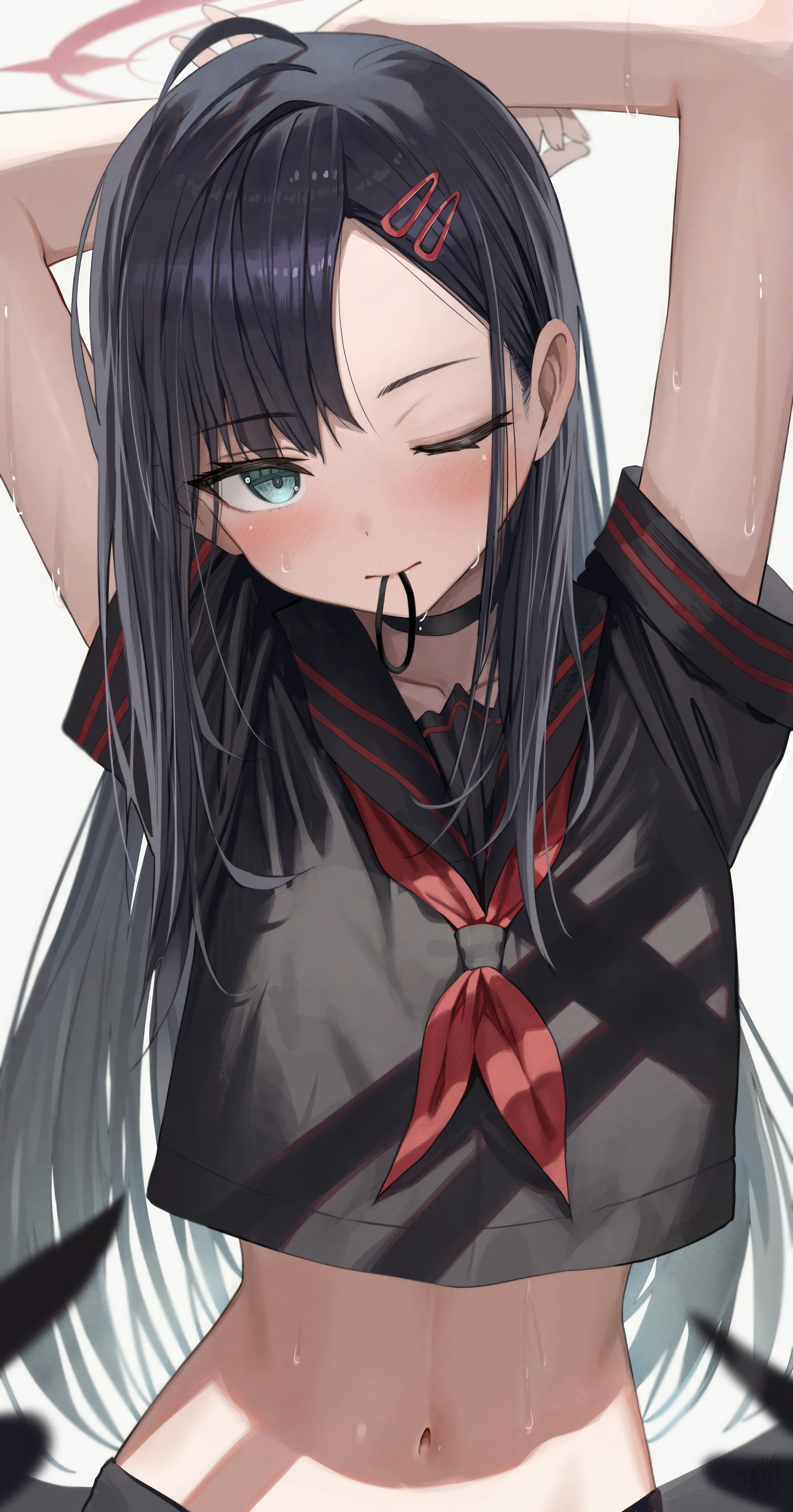 1girl,neckerchief,arms_up,crop_top_overhang,upper_body,bangs,solo,arms_behind_head,hairclip,ahoge,closed_mouth,halo,hair_ornament,hair_tie_in_mouth,stomach,tying_hair,simple_background,school_uniform,serafuku,sailor_collar,sweat,mouth_hold,white_background,looking_at_viewer,short_sleeves,vertical,red_neckerchief,wings,navel,blush,blue_eyes,shirt,wet,long_hair,one_eye_closed,midriff,crop_top,choker,black_hair,black_serafuku,black_sailor_collar,black_skirt,black_wings,black_shirt,black_choker