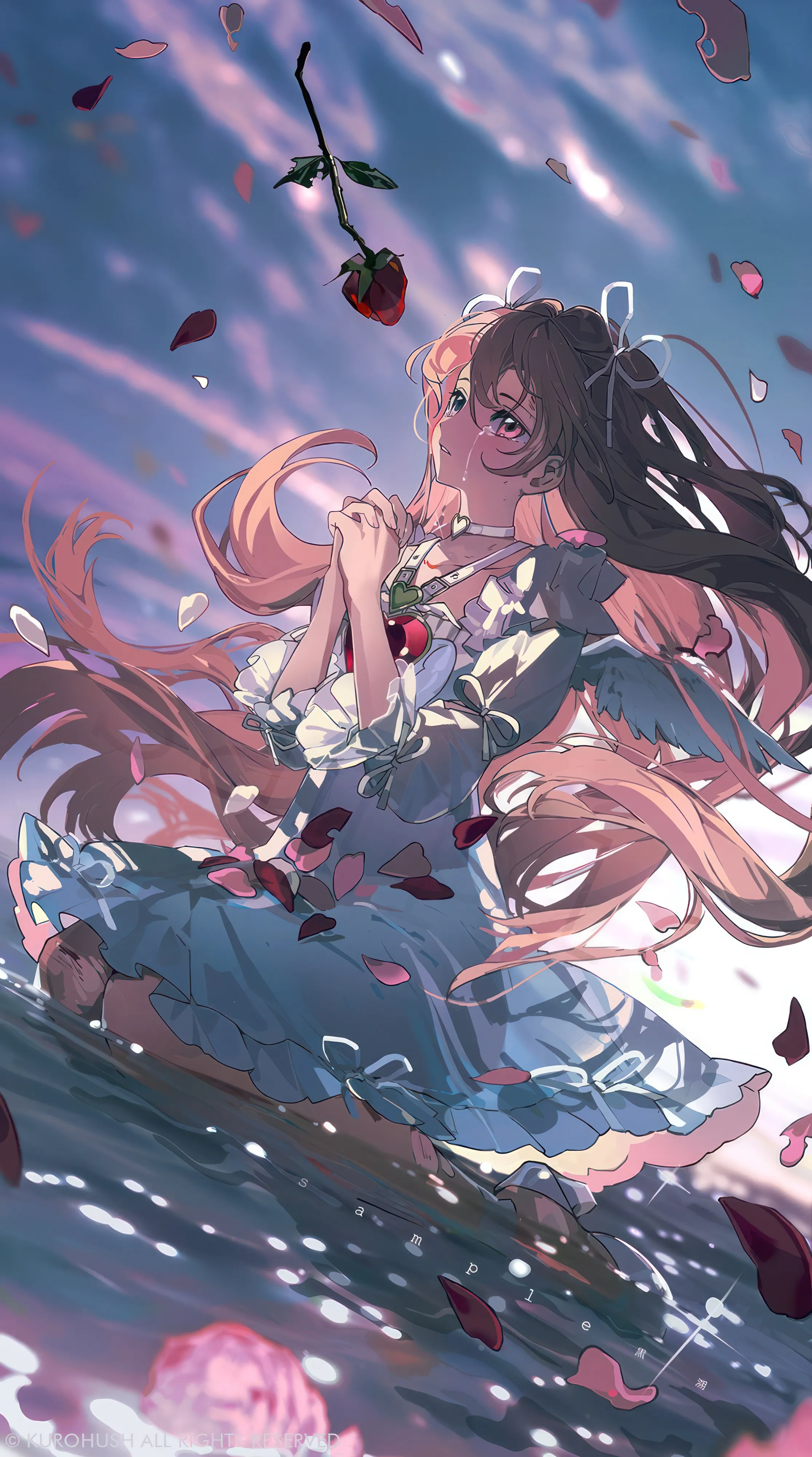 1girl,ribbon,cloud,bangs,solo,own_hands_clasped,own_hands_together,sitting,sky,hair_ribbon,hair_between_eyes,very_long_hair,outdoors,brown_hair,blurry,water,rose,white_ribbon,white_dress,white_choker,vertical,pink_hair,red_flower,wings,petals,frills,frilled_dress,puffy_sleeves,dress,long_hair,choker,floating_hair,flower