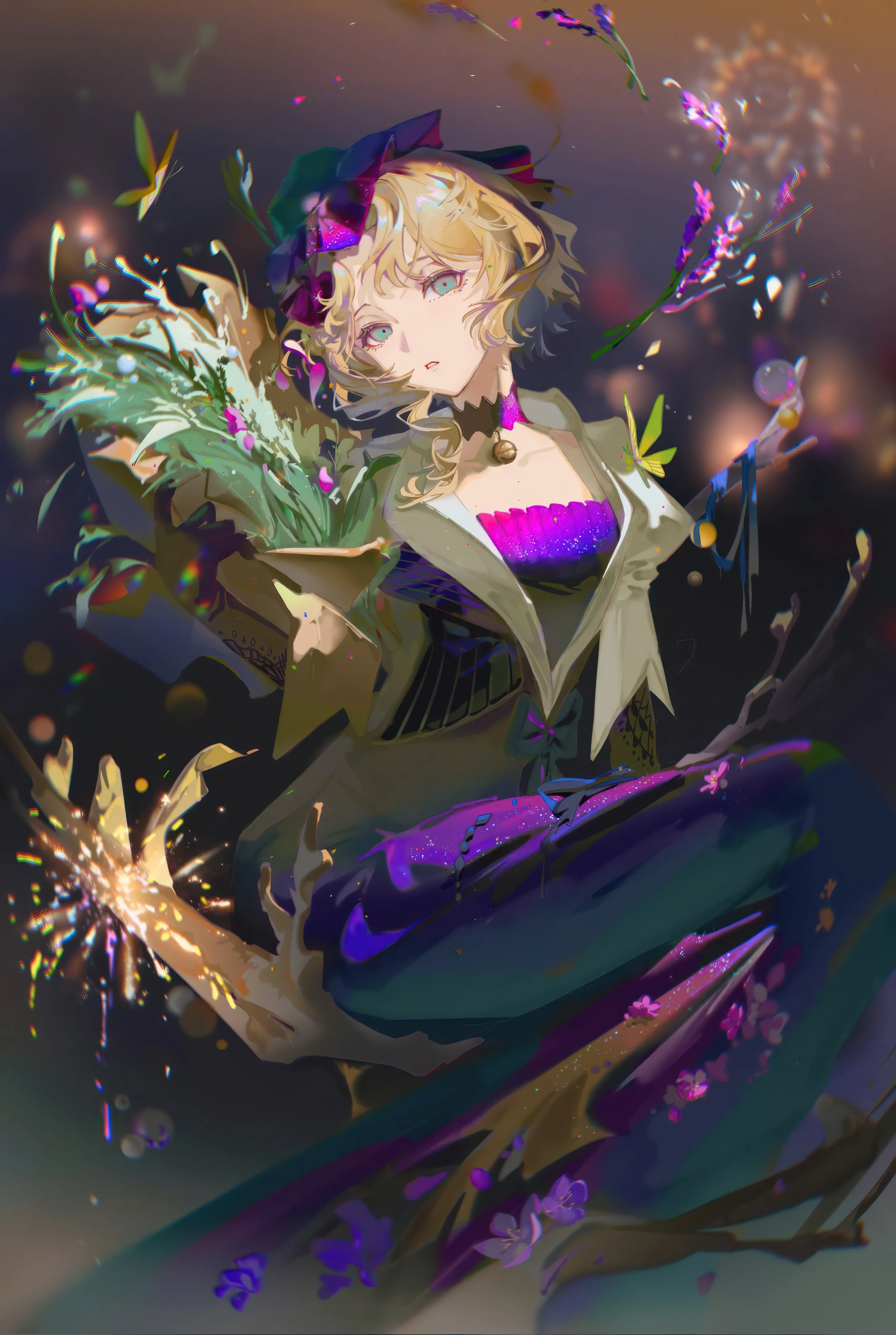 1girl,breasts,bangs,solo,sitting,parted_lips,holding,blurry,fireworks,looking_at_viewer,short_hair,vertical,purple_flower,purple_dress,bouquet,blue_eyes,bug,bow,dress,blonde_hair,long_sleeves,choker,flower