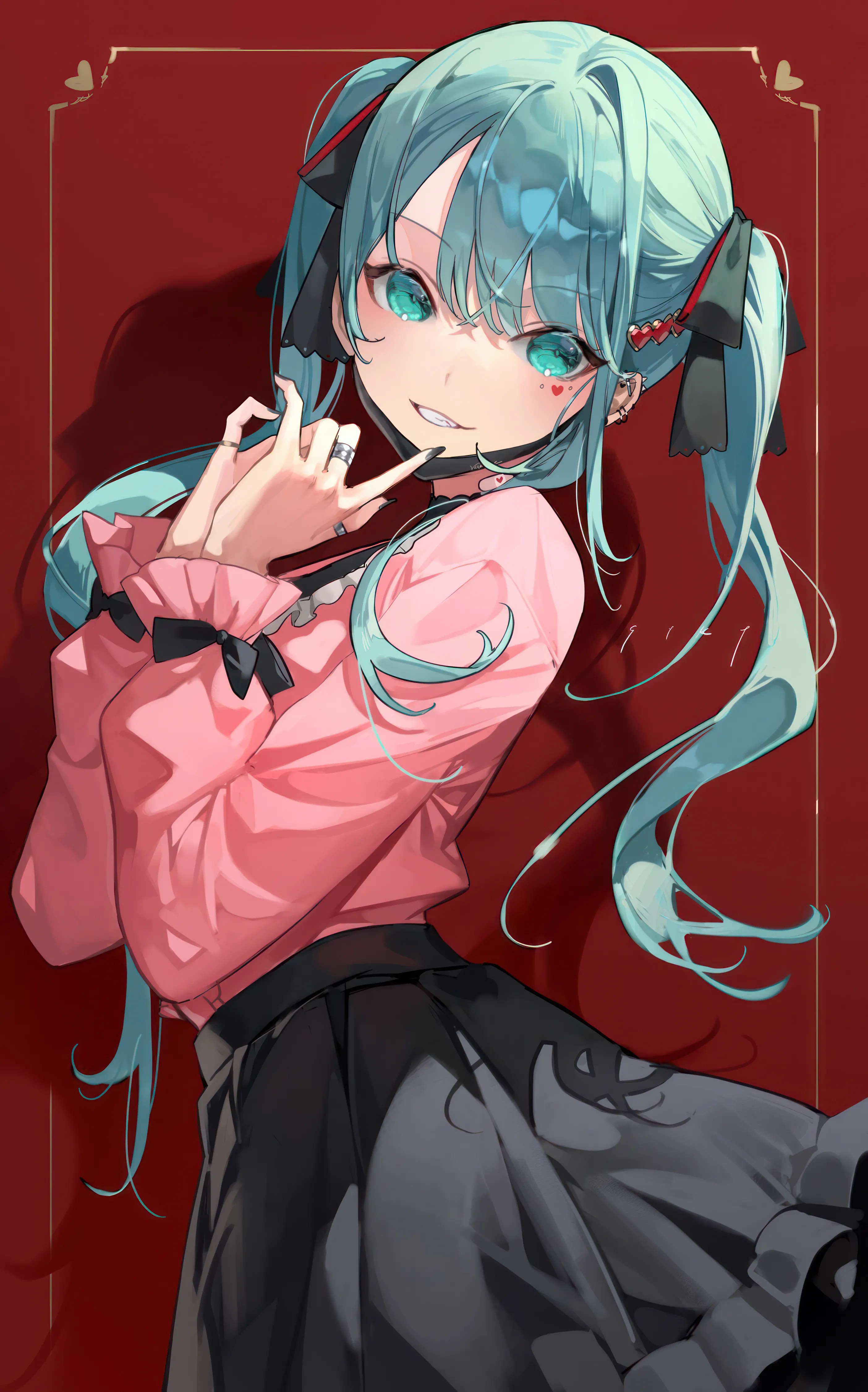 1girl,cowboy_shot,mask_pull,ribbon,from_side,bangs,solo,twintails,mouth_mask,jirai_kei,hair_ribbon,hair_ornament,heart,heart_hair_ornament,ring,nail_polish,aqua_hair,aqua_eyes,jewelry,looking_at_viewer,skirt,piercing,vertical,smile,pink_shirt,red_background,facial_mark,frills,shirt,long_hair,long_sleeves,grin,mask,black_ribbon,black_skirt