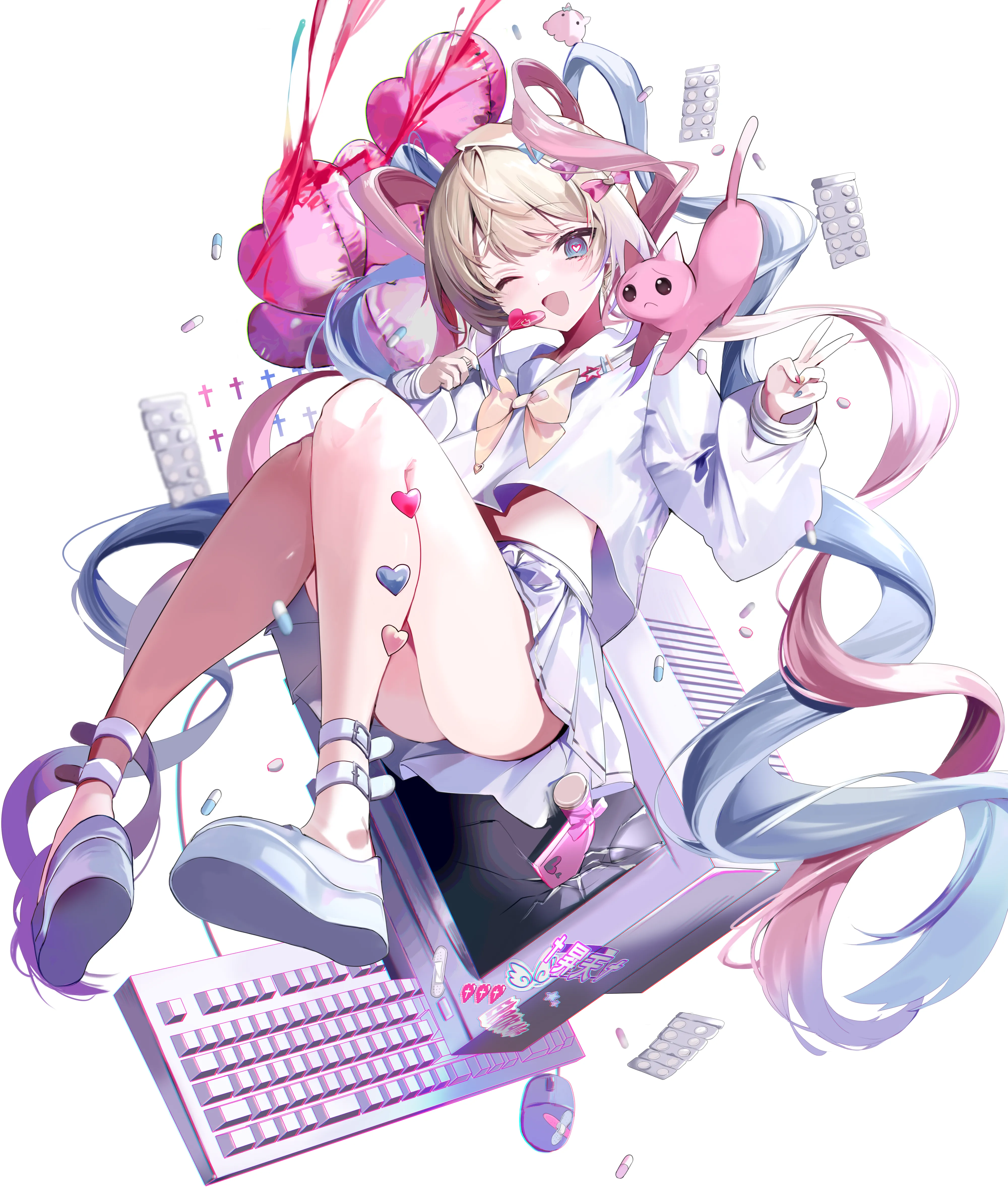 1girl,full_body,bangs,solo,twintails,quad_tails,multicolored_hair,hair_ornament,platform_footwear,open_mouth,very_long_hair,heart,phone,holding,monitor,simple_background,school_uniform,v,serafuku,sailor_collar,keyboard_computer,white_skirt,white_background,pleated_skirt,looking_at_viewer,skirt,vertical,smile,pink_hair,pink_bow,candy,purple_bow,pill,blue_hair,blue_eyes,blue_bow,bow,hair_bow,shirt,computer,miniskirt,blonde_hair,long_hair,long_sleeves,one_eye_closed,shoes,yellow_bow,cursor