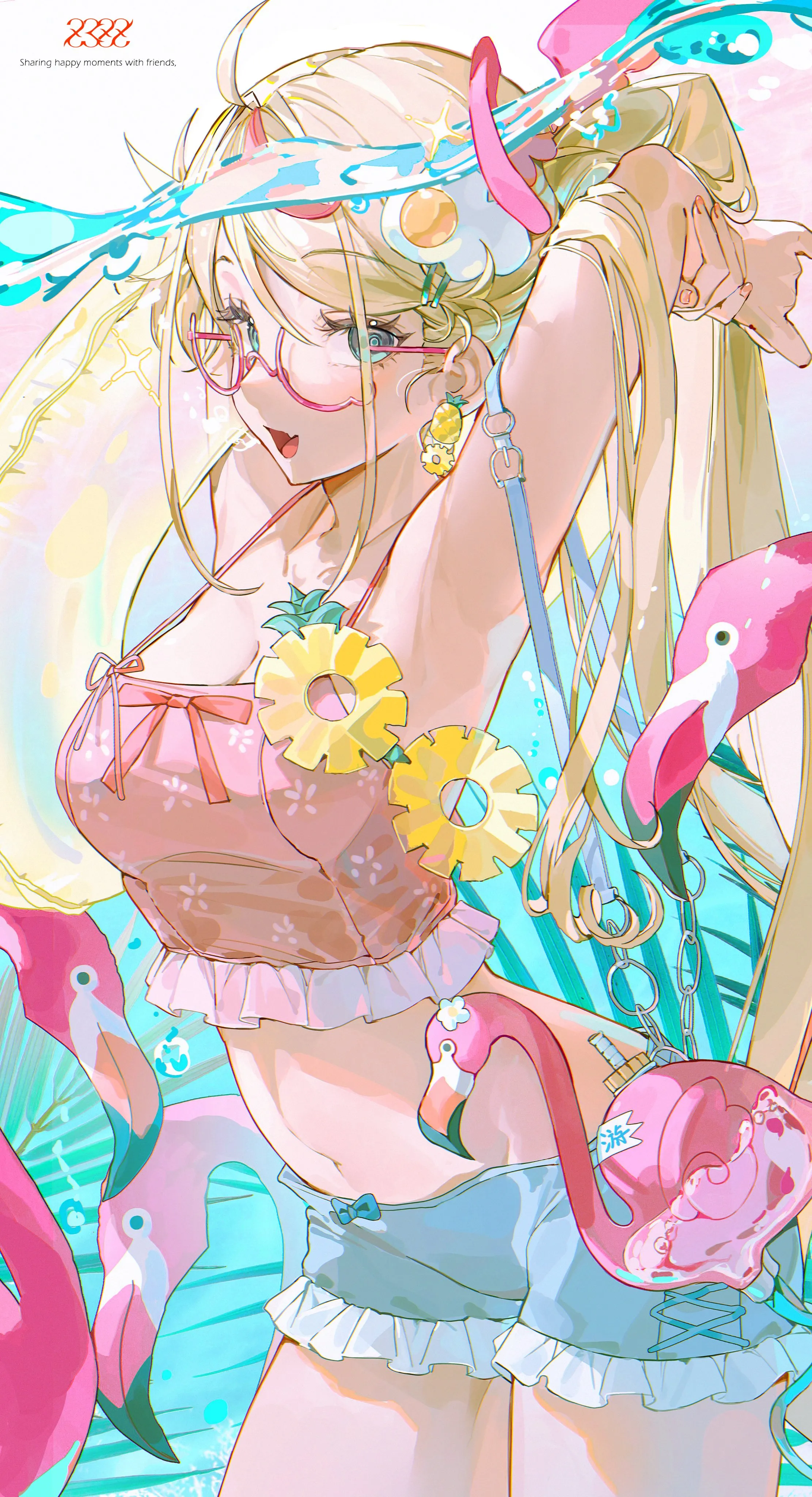 1girl,cowboy_shot,arms_up,breasts,cleavage,bangs,bag,solo,twintails,hairclip,ahoge,hair_ornament,camisole,open_mouth,very_long_hair,water,innertube,swimsuit,jewelry,looking_at_viewer,glasses,shorts,vertical,smile,pink_nails,pink-framed_eyewear,short_shorts,earrings,navel,armpits,frills,blue_eyes,blue_shorts,fang,bow,blonde_hair,long_hair,midriff,crop_top,food-themed_hair_ornament,flower