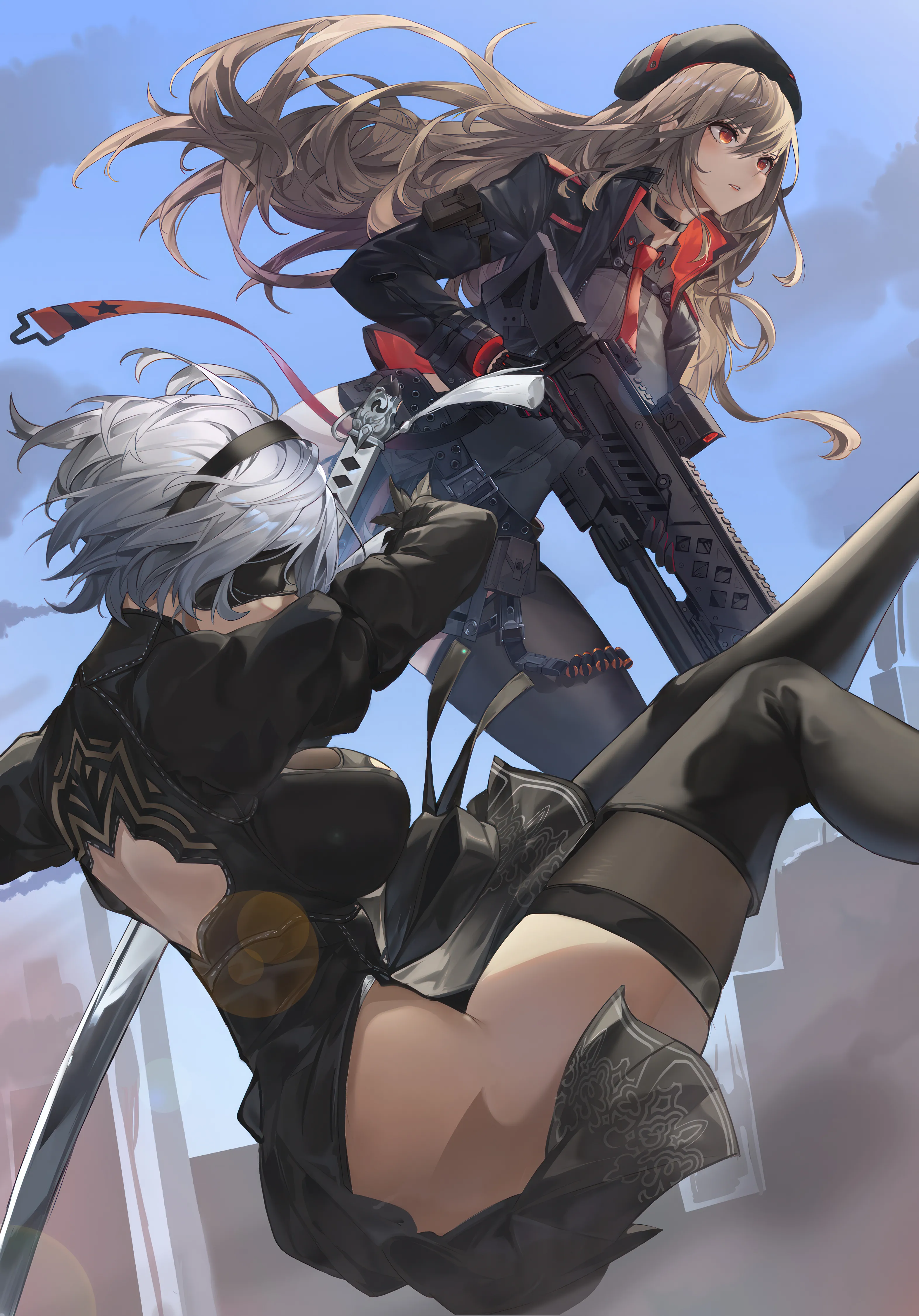 2girls,breasts,sword,hairband,multiple_girls,sky,jacket,hat,gloves,holding_weapon,holding_gun,holding,gun,brown_hair,rifle,weapon,white_hair,short_hair,vertical,leotard,red_eyes,blindfold,clothing_cutout,thighhighs,dress,long_hair,long_sleeves,black_hairband,black_gloves,black_dress