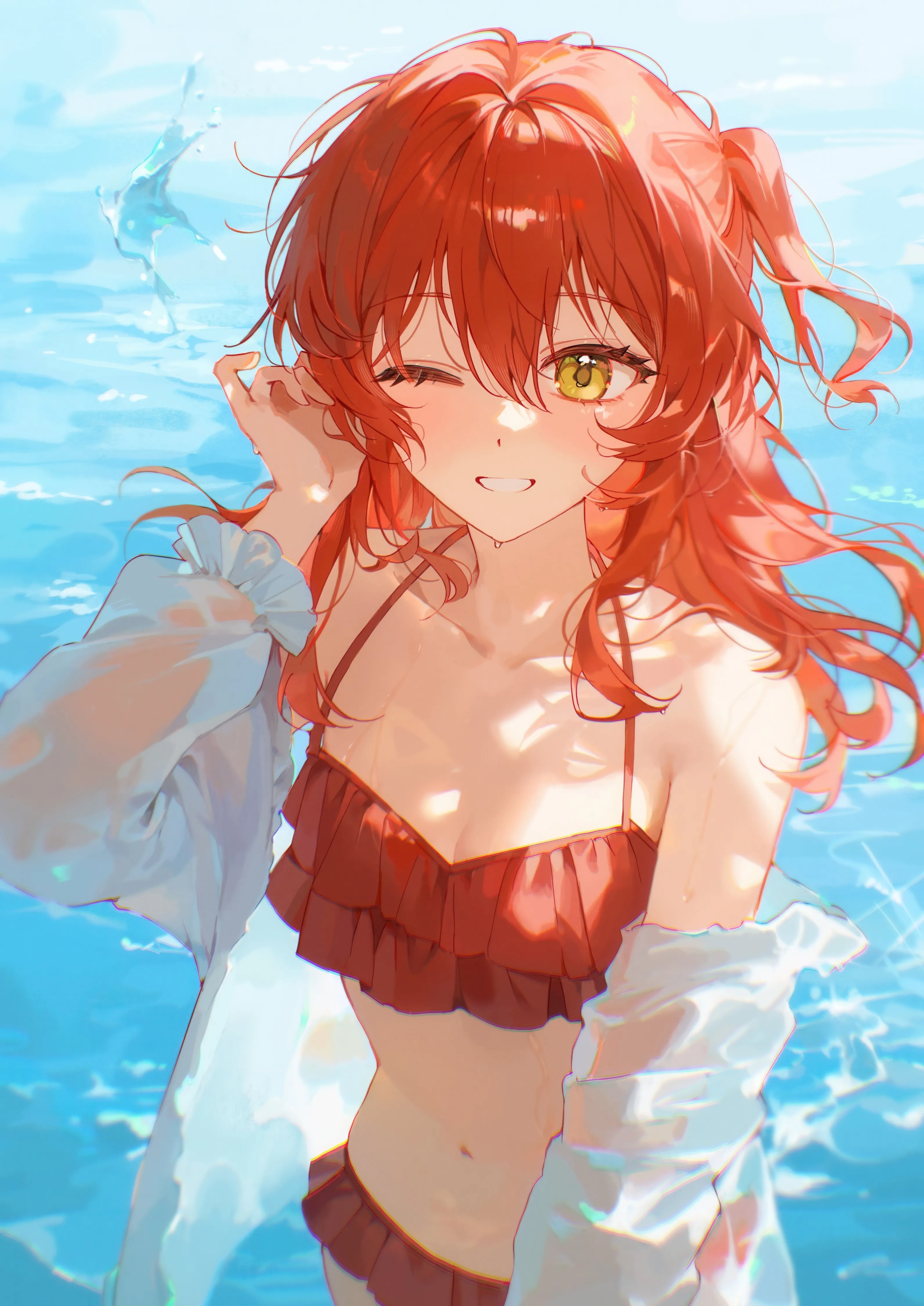 1girl,medium_breasts,breasts,cleavage,bangs,see-through,solo,one_side_up,stomach,hair_between_eyes,outdoors,hand_up,bikini,water,swimsuit,teeth,white_shirt,looking_at_viewer,vertical,standing,smile,red_hair,red_bikini,navel,blush,frills,frilled_bikini,shirt,wet,open_clothes,collarbone,long_hair,long_sleeves,one_eye_closed,bare_shoulders,off_shoulder,grin,yellow_eyes