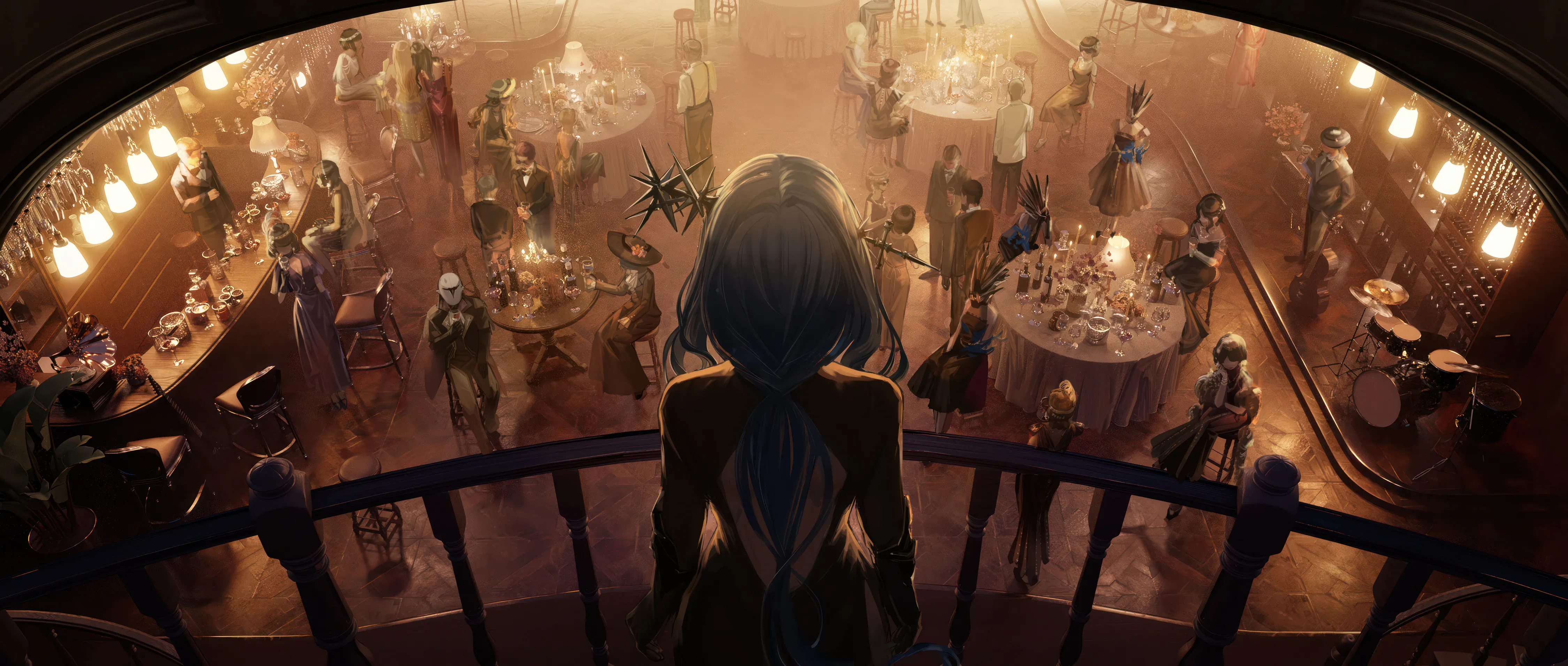 6-girls,6-boys,instrument,low_ponytail,animal_ears,stool,twintails,stairs,guitar,chandelier,sitting,multiple_girls,multiple_boys,jacket,indoors,hat,gloves,holding_cup,holding,cup,railing,table,brown_hair,chair,horizontal,formal,playing_instrument,grey_hair,bottle,white_hair,white_shirt,short_hair,standing,smile,wine_glass,from_behind,vest,stage,blue_hair,shirt,pants,suit,dress,alcohol,bartender,bar_place,drinking_glass,blonde_hair,piano,long_hair,long_sleeves,facing_away,music,necktie,ponytail,black_hair,black_jacket,black_pants,black_dress