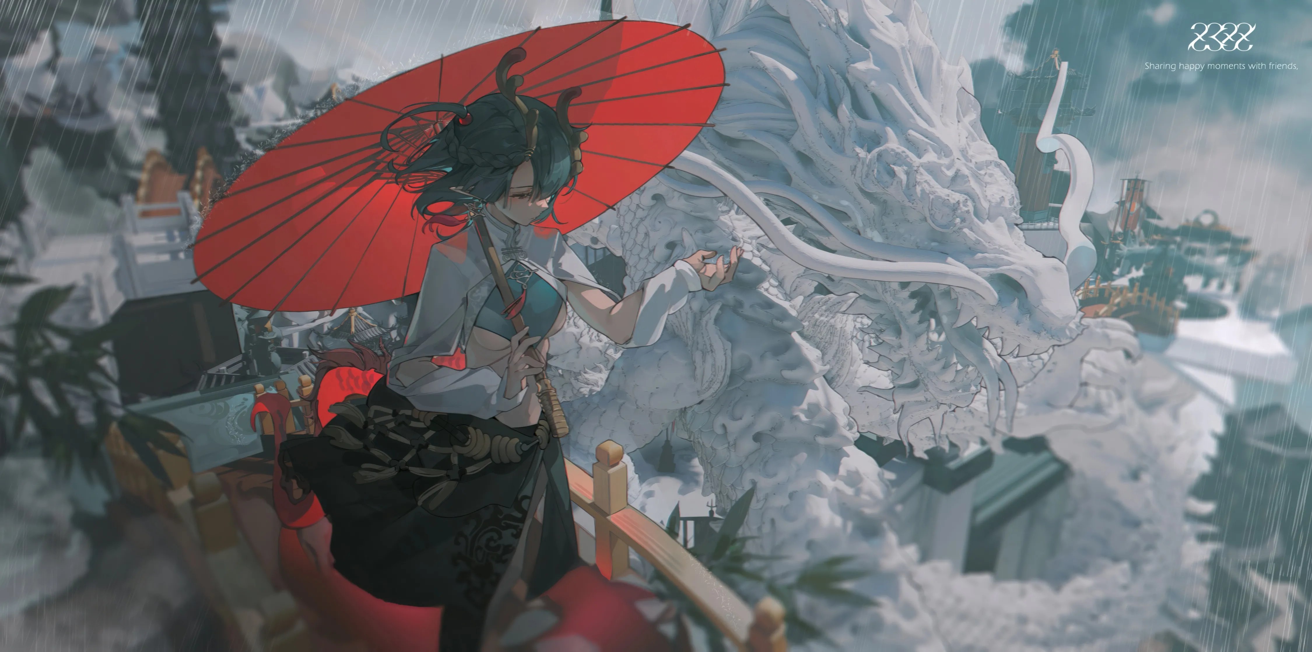 1girl,east_asian_architecture,breasts,cloud,solo,closed_eyes,architecture,building,outdoors,holding,holding_umbrella,horizontal,oil-paper_umbrella,skirt,navel,horns,long_sleeves,rain,umbrella,midriff,black_hair,dragon