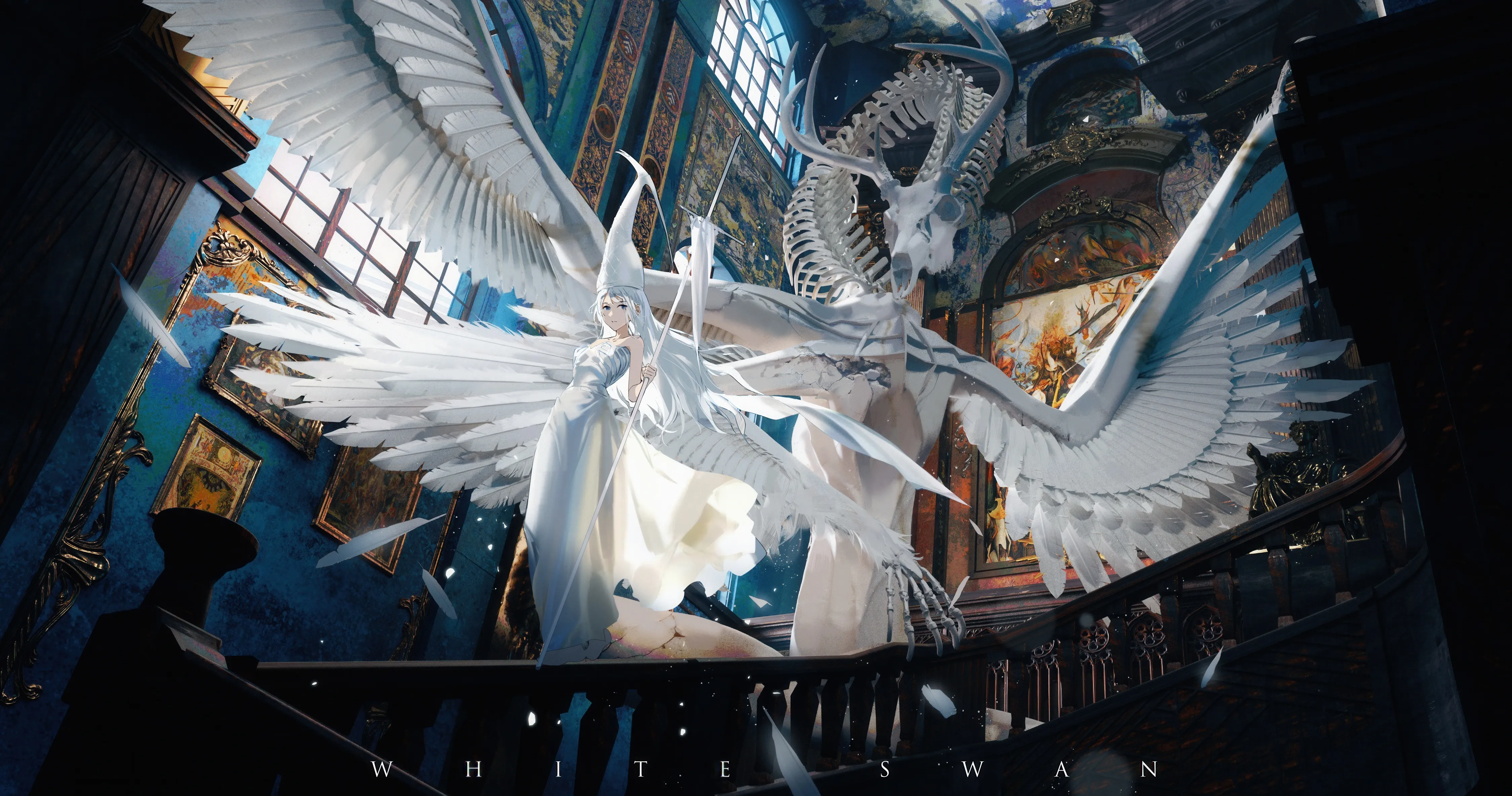 1girl,stairs,multiple_wings,angel,angel_wings,indoors,horizontal,white_hair,white_wings,white_dress,window,standing,feathers,feathered_wings,wings,dress,long_hair,skeleton