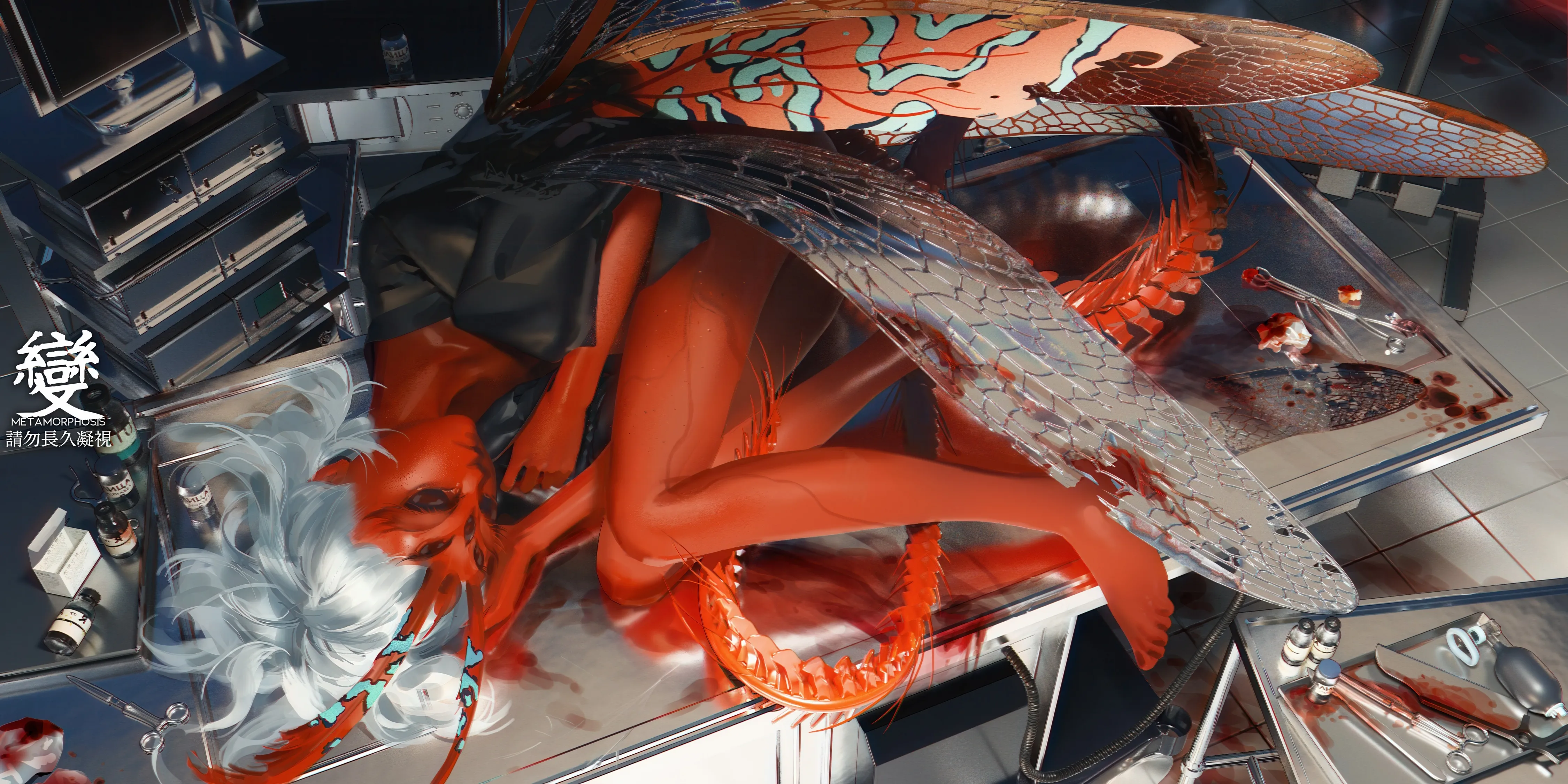 1girl,book,on_side,solo,pointy_ears,indoors,tail,colored_skin,cup,horizontal,tiles,tile_floor,white_hair,looking_at_viewer,red_skin,wings,fetal_position,blood,shirt,barefoot,horns,lying,long_hair,black_shirt