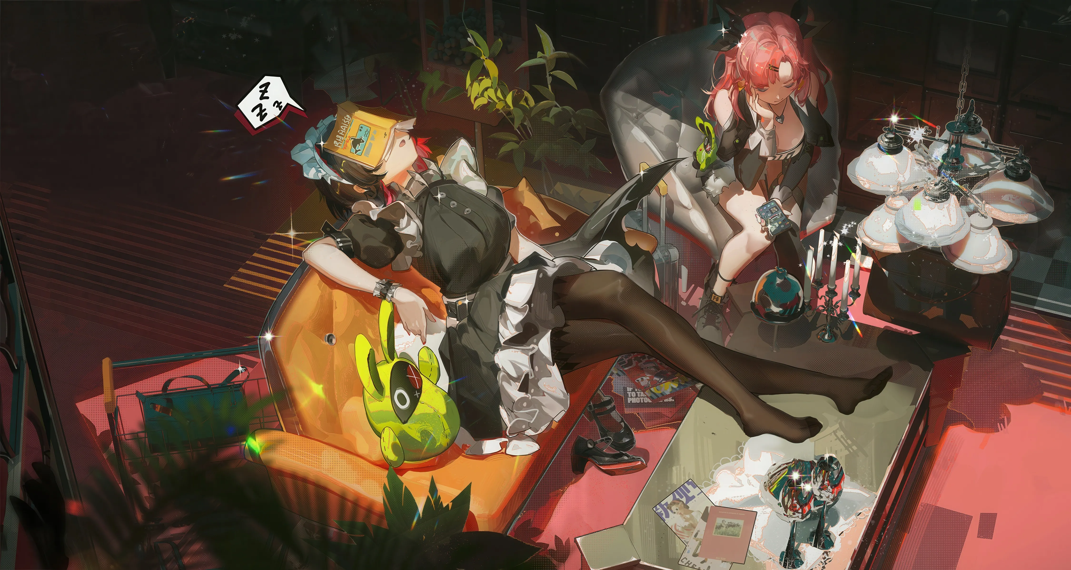 2girls,book,breasts,closed_eyes,on_couch,sitting,multiple_girls,maid,maid_headdress,indoors,gloves,holding,plant,horizontal,couch,potted_plant,sleeping,short_hair,short_sleeves,skirt,wrist_cuffs,red_hair,shoes_removed,puffy_short_sleeves,puffy_sleeves,shirt,socks,horns,large_breasts,dress,pantyhose,long_hair,black_dress,black_footwear